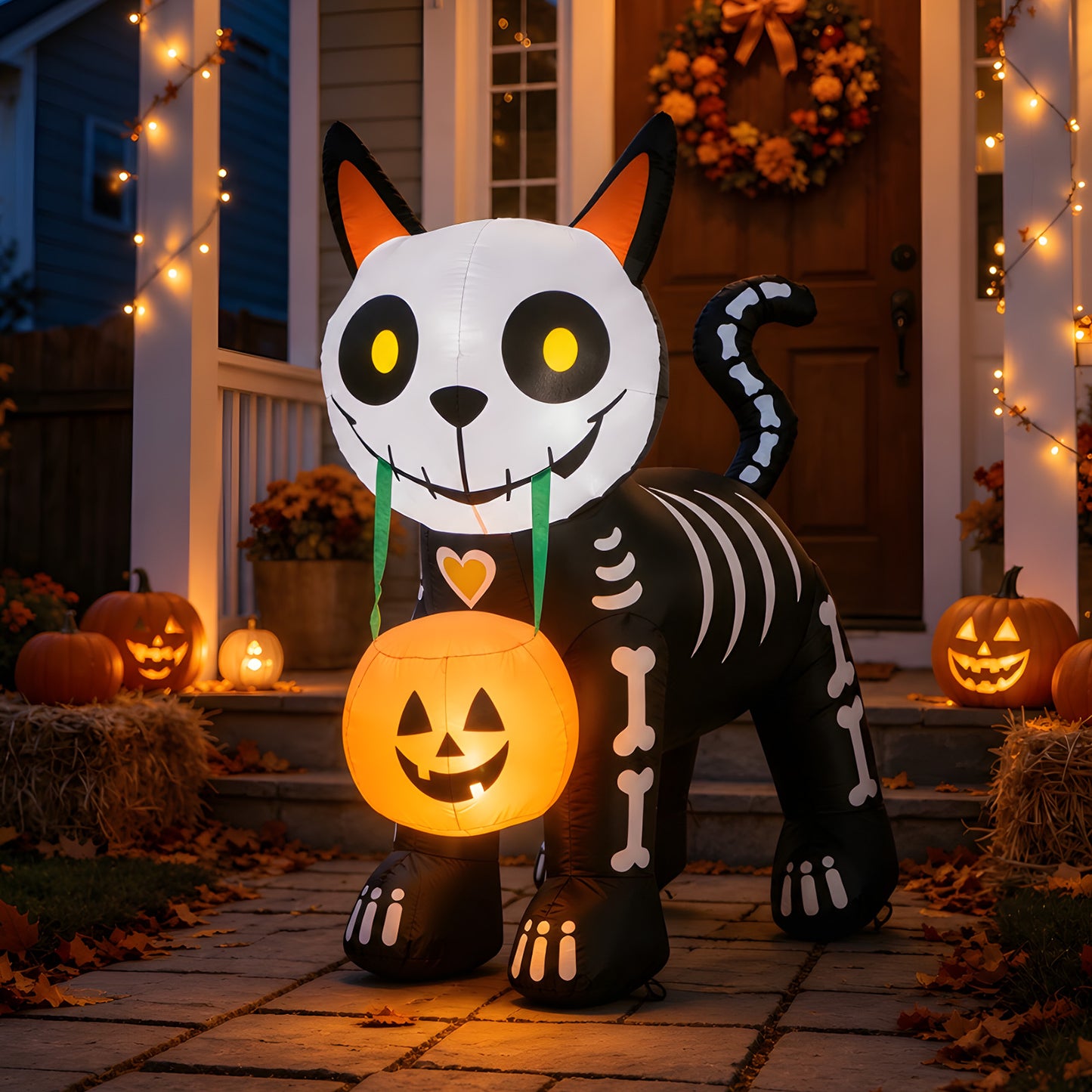 4FT Skeleton Cat with Pumpkin Halloween Inflatable