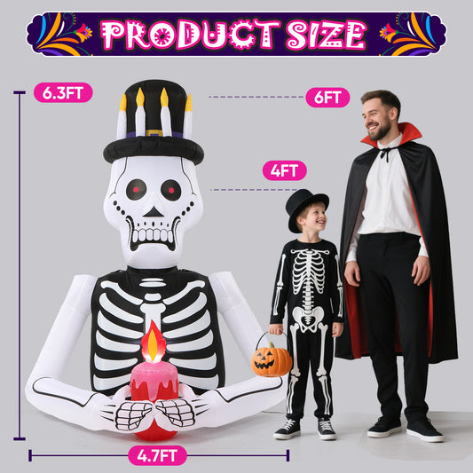 6FT Halloween Inflatables Skull Decoration: Day of The Dead Skeletons Blow Up Outdoor Decor, Día de Los Muertos Inflatable Built-in LEDs for Holiday Party, Garden, Lawn, Yard, Patio Décor