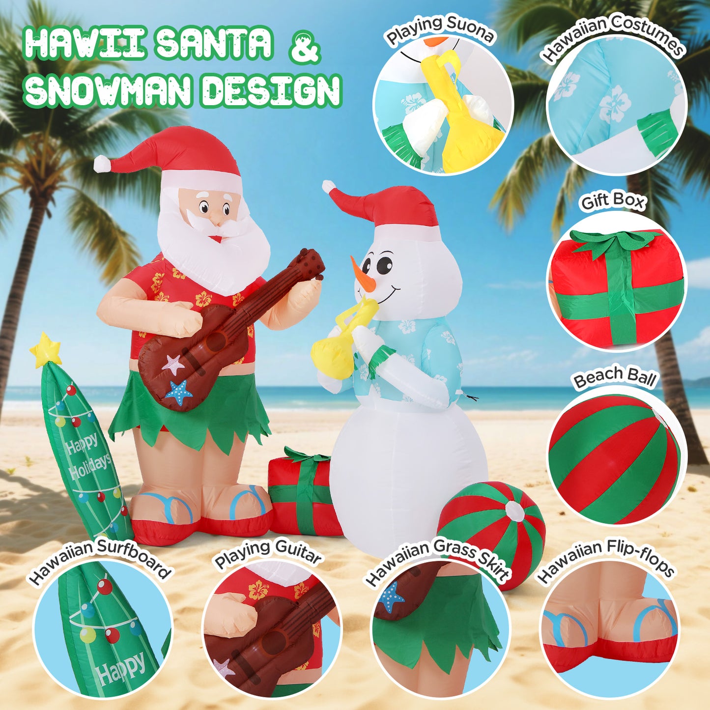 Toiyjofe 8.3FT Hawaiian Christmas Inflatable Decorations, Hula Santa Claus with a Guitar and Snowman with a Horn Tropical Xmas Blow Up Yard Decor with Built-in LED Light for Outdoor, Lawn, Garden, Beach, Party