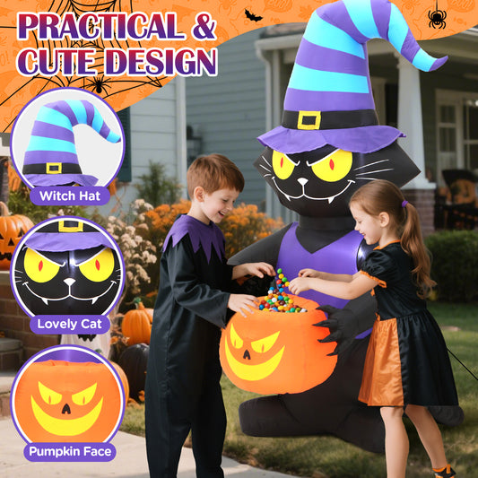 6FT Halloween Inflatables Cat Decoration - Blow Up Yard Lovely Black Cat with Witch Hat Holding Pumpkin Face Build-in LED Lights for Home Halloween Party Garden Lawn Indoor Outdoor Decor