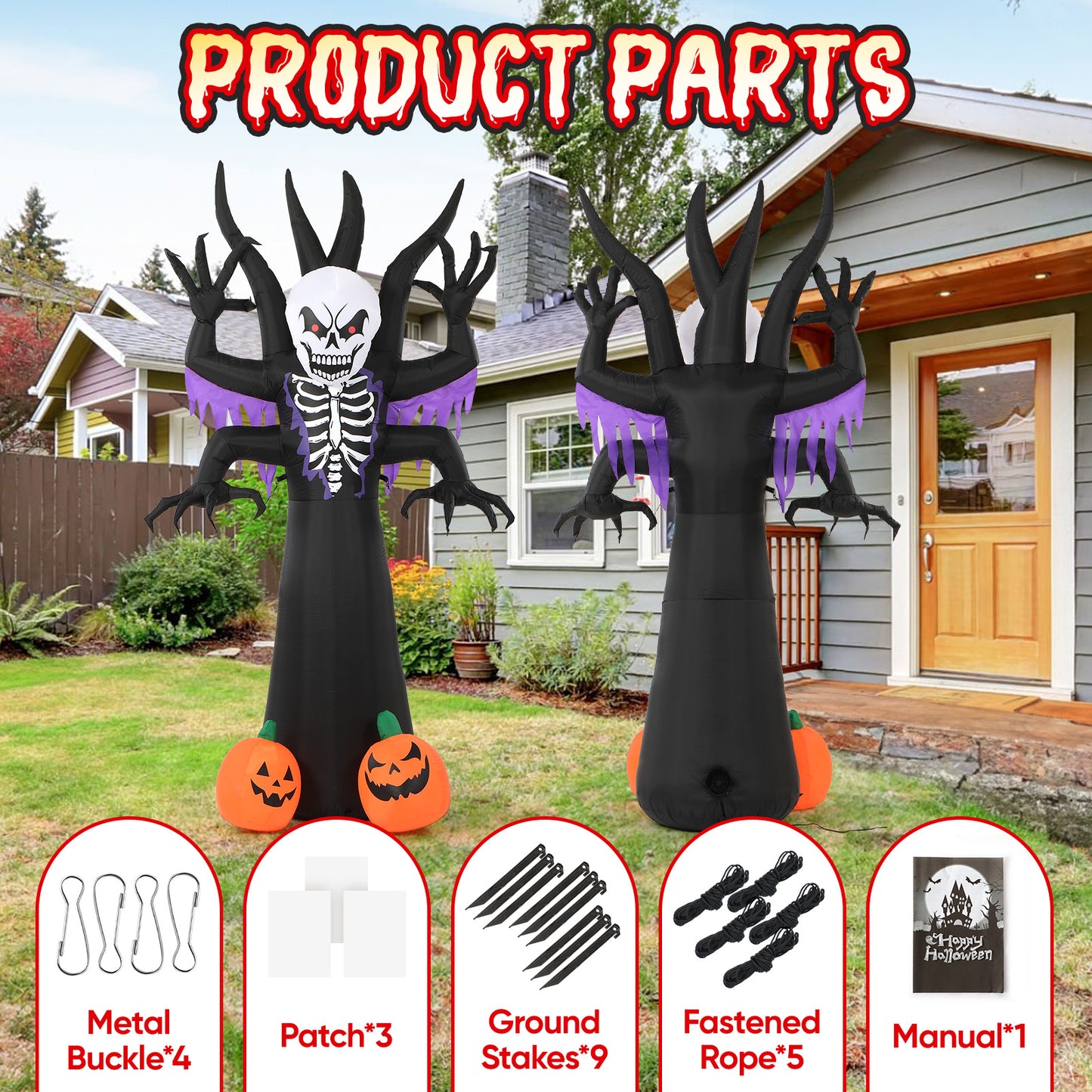 8FT Halloween Inflatables Skeleton Tree - Creepy Face Grim Reaper Blow Up Yard Decoration with 2 Pumpkin Faces with Build-in LED Lights for Home Halloween Party Garden Lawn Indoor Outdoor Decor