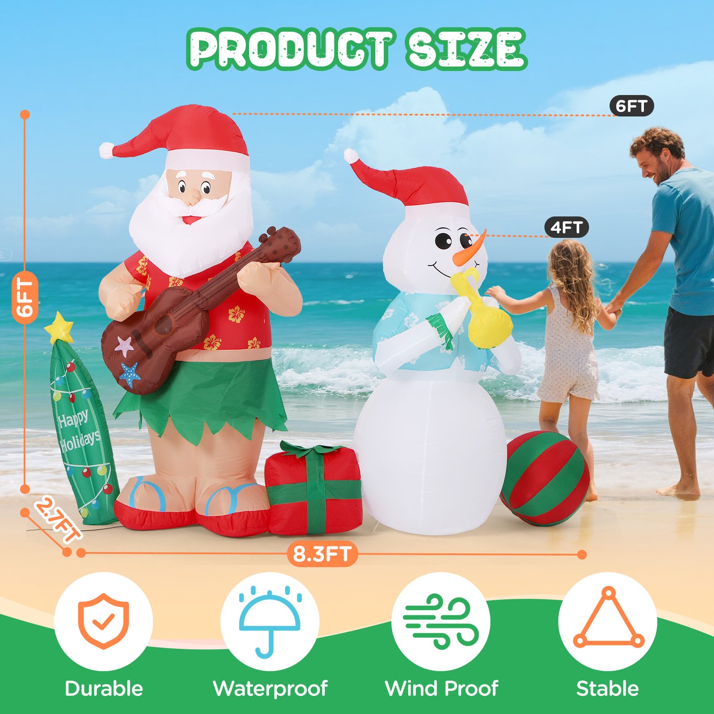 Toiyjofe 8.3FT Hawaiian Christmas Inflatable Decorations, Hula Santa Claus with a Guitar and Snowman with a Horn Tropical Xmas Blow Up Yard Decor with Built-in LED Light for Outdoor, Lawn, Garden, Beach, Party