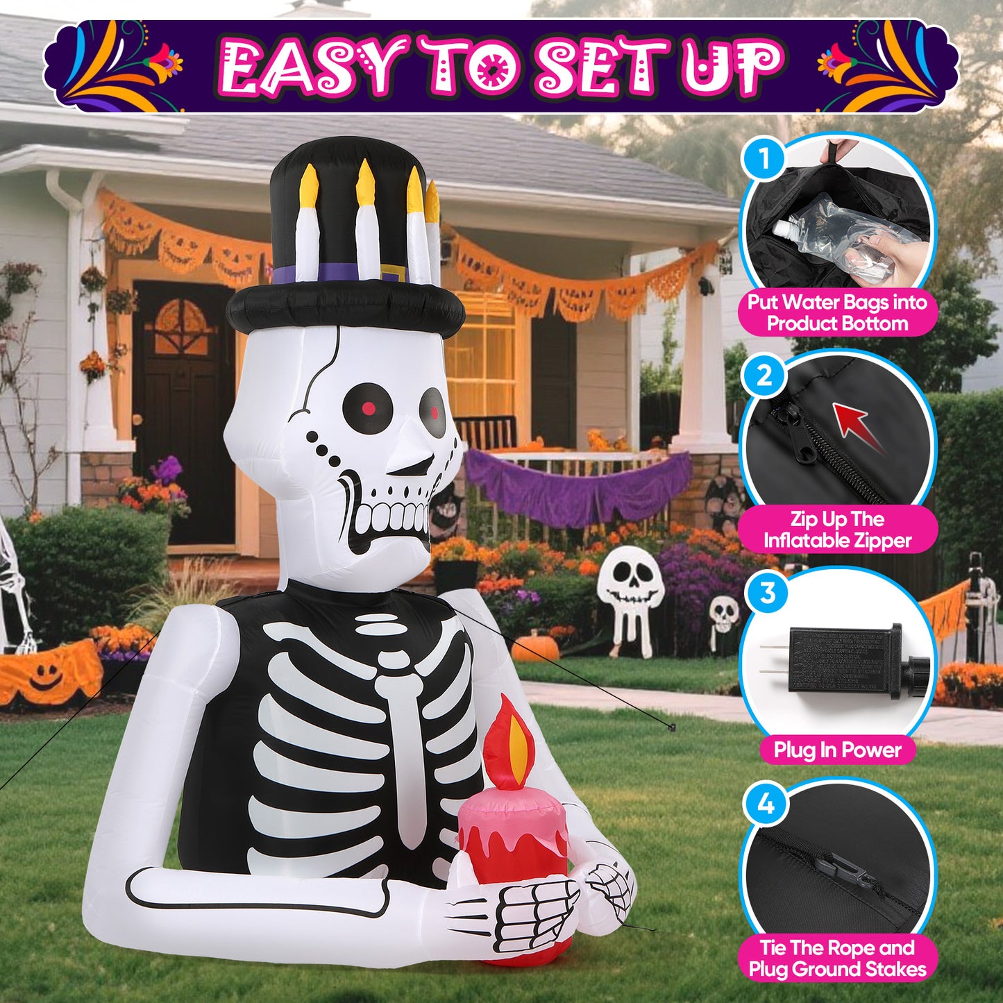 6FT Halloween Inflatables Skull Decoration: Day of The Dead Skeletons Blow Up Outdoor Decor, Día de Los Muertos Inflatable Built-in LEDs for Holiday Party, Garden, Lawn, Yard, Patio Décor