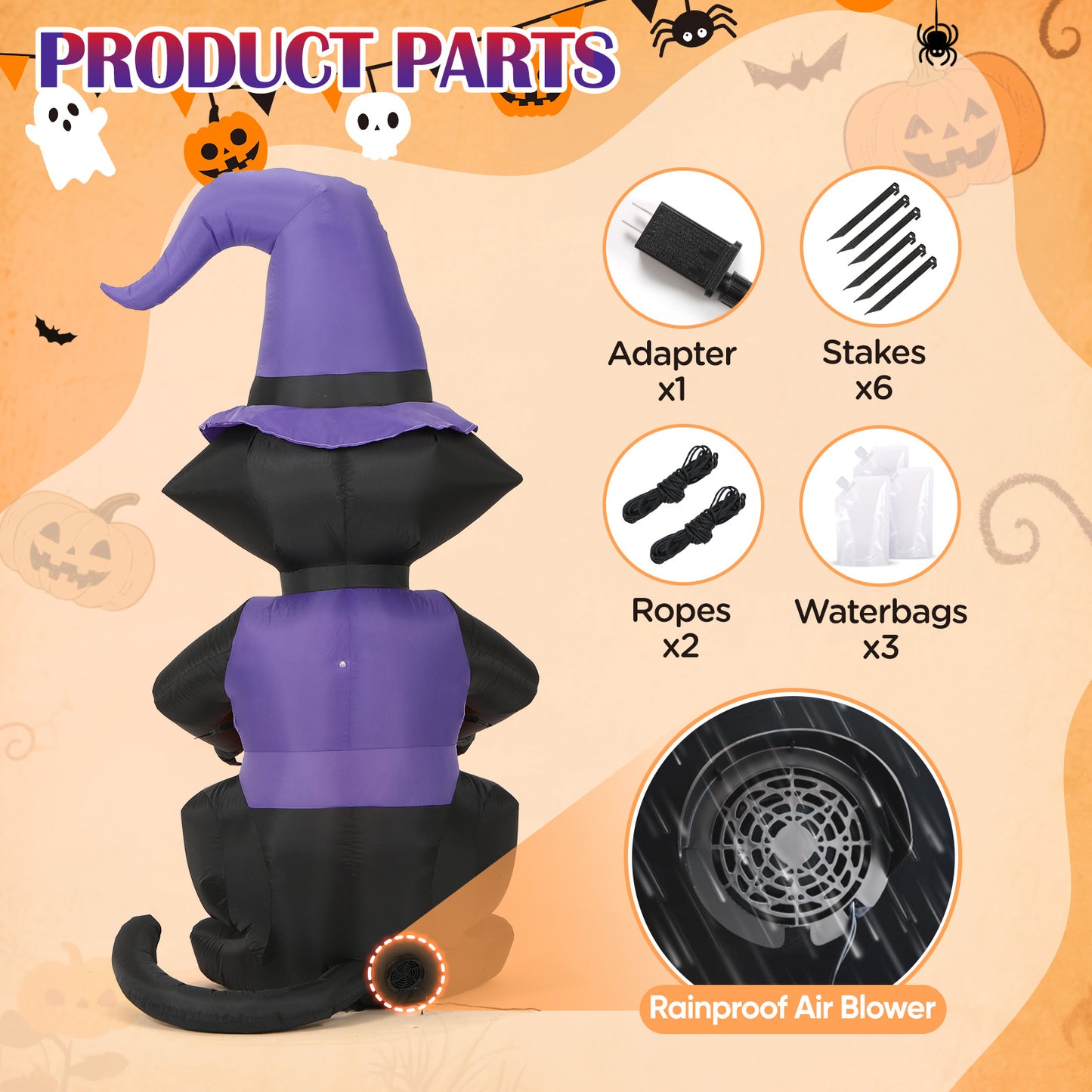 6FT Halloween Inflatables Cat Decoration - Blow Up Yard Lovely Black Cat with Witch Hat Holding Pumpkin Face Build-in LED Lights for Home Halloween Party Garden Lawn Indoor Outdoor Decor