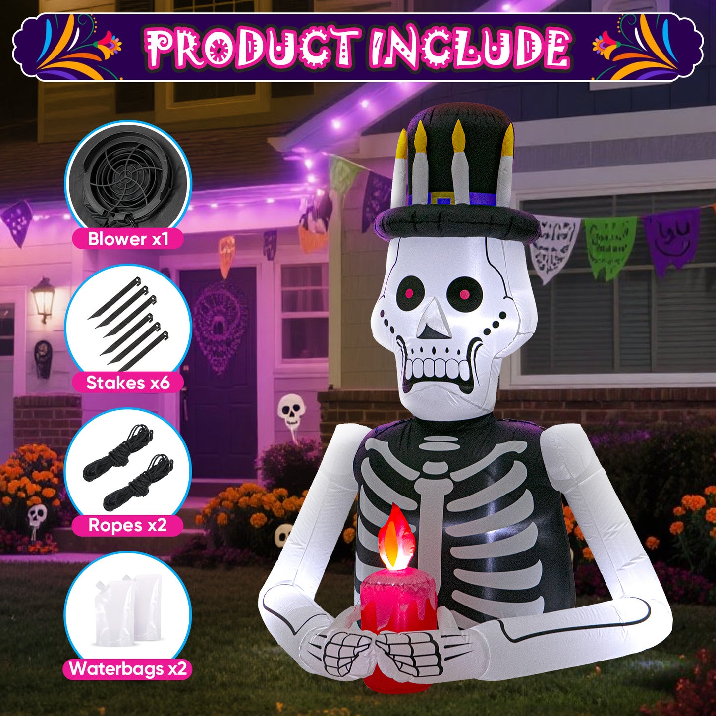 6FT Halloween Inflatables Skull Decoration: Day of The Dead Skeletons Blow Up Outdoor Decor, Día de Los Muertos Inflatable Built-in LEDs for Holiday Party, Garden, Lawn, Yard, Patio Décor