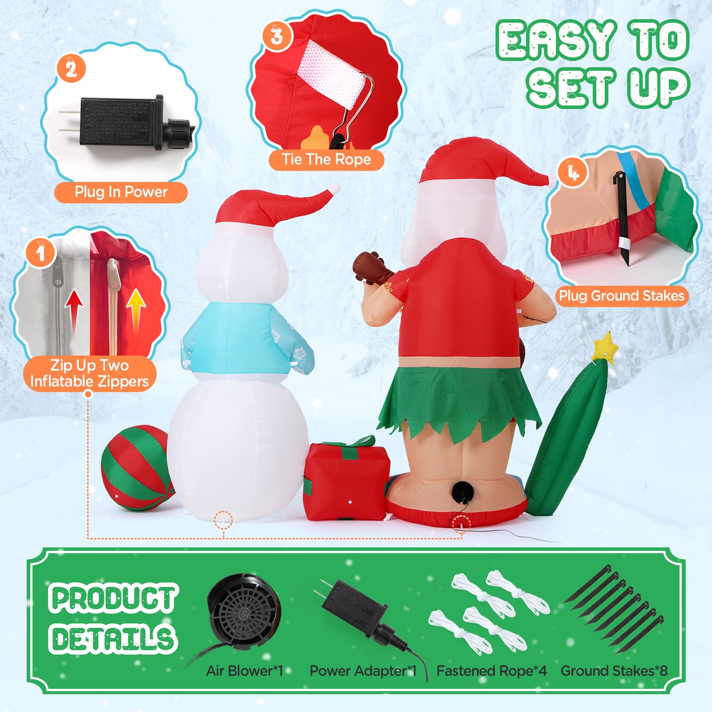 Toiyjofe 8.3FT Hawaiian Christmas Inflatable Decorations, Hula Santa Claus with a Guitar and Snowman with a Horn Tropical Xmas Blow Up Yard Decor with Built-in LED Light for Outdoor, Lawn, Garden, Beach, Party