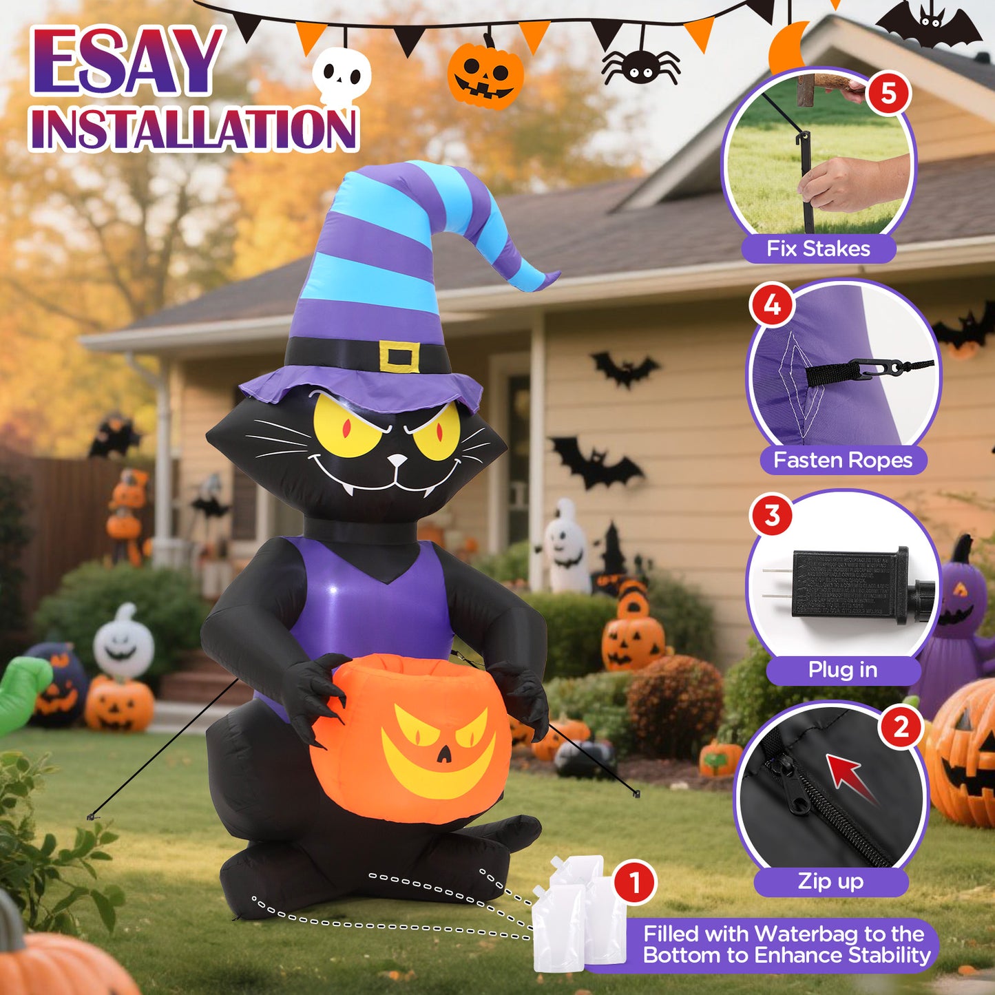 6FT Halloween Inflatables Cat Decoration - Blow Up Yard Lovely Black Cat with Witch Hat Holding Pumpkin Face Build-in LED Lights for Home Halloween Party Garden Lawn Indoor Outdoor Decor