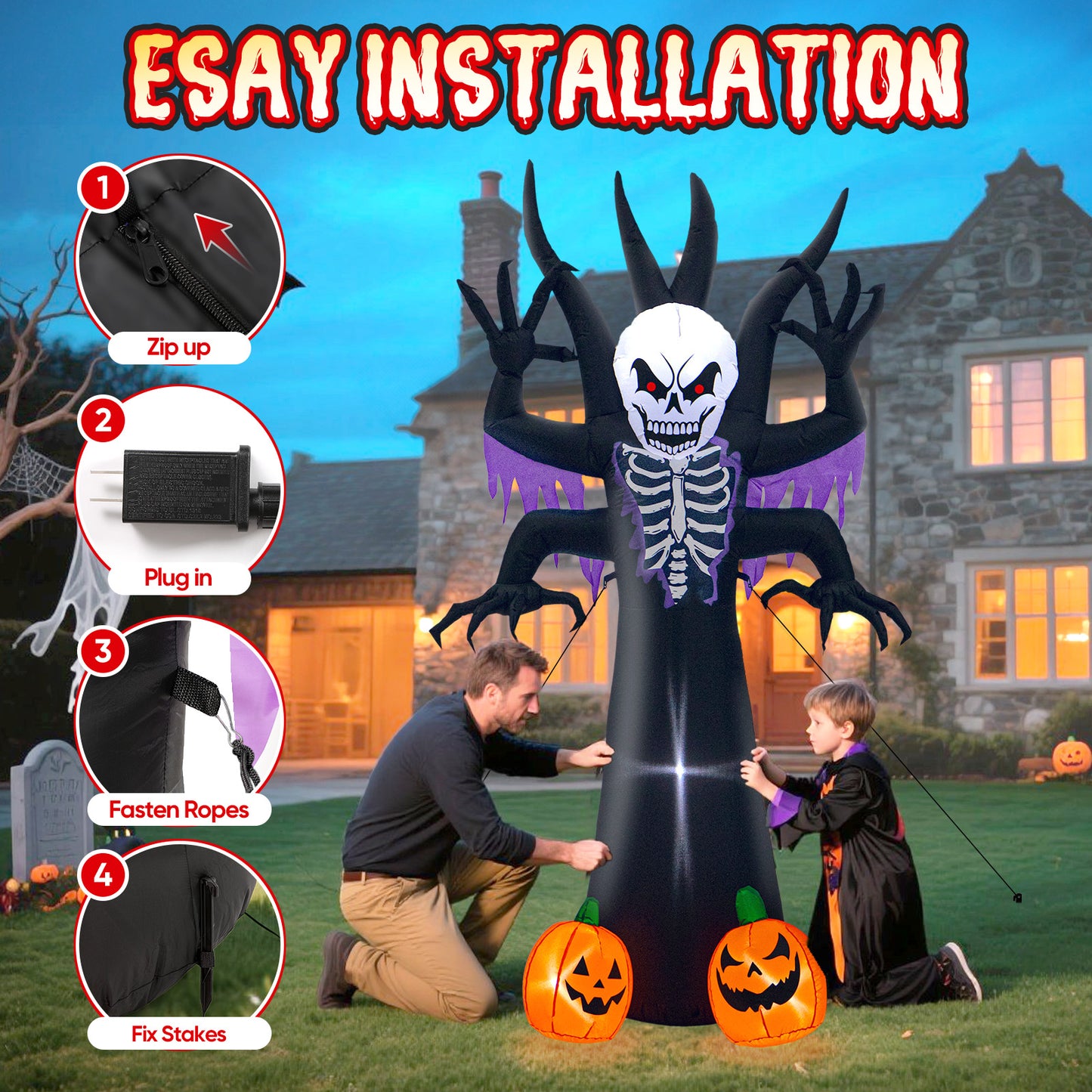 8FT Halloween Inflatables Skeleton Tree - Creepy Face Grim Reaper Blow Up Yard Decoration with 2 Pumpkin Faces with Build-in LED Lights for Home Halloween Party Garden Lawn Indoor Outdoor Decor