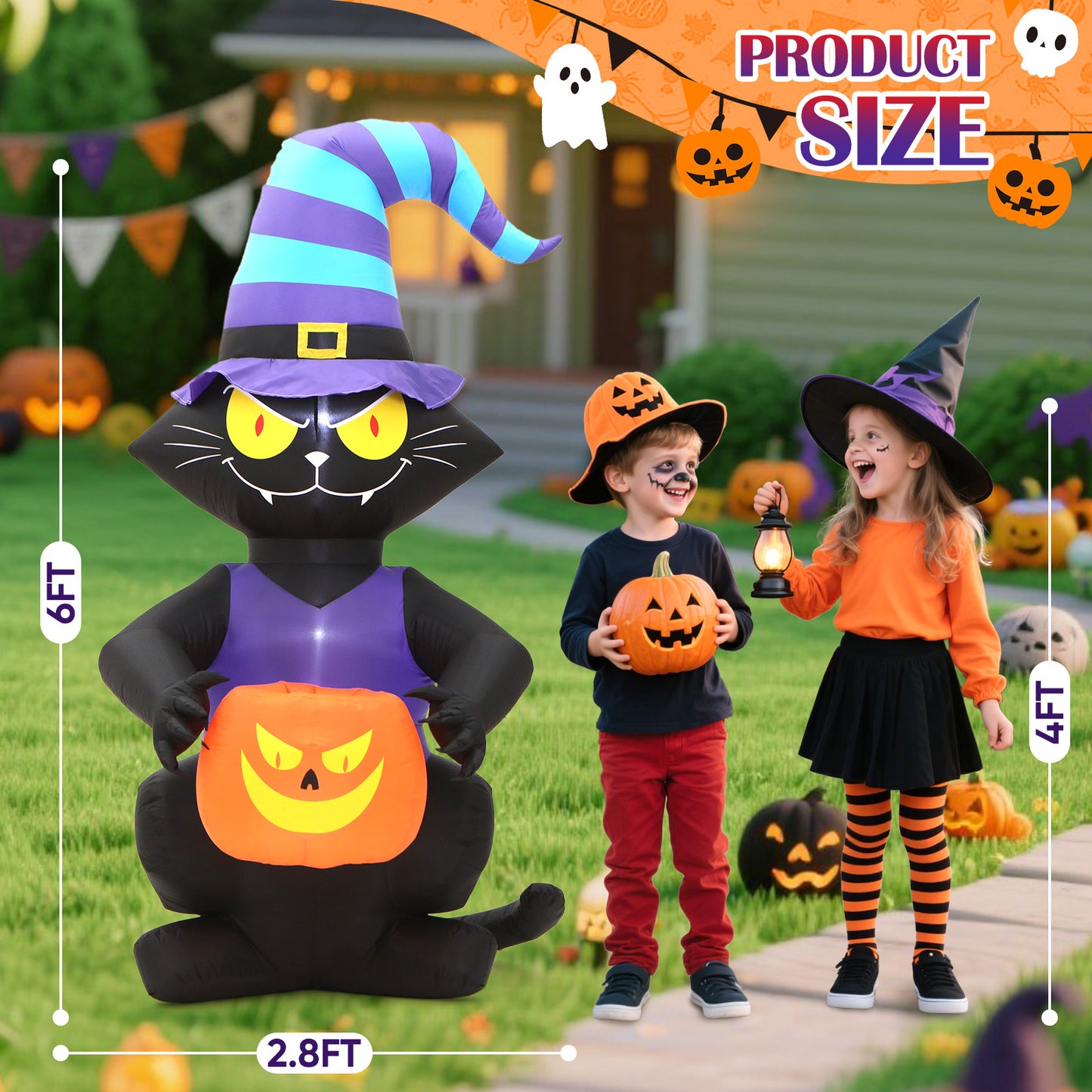 6FT Halloween Inflatables Cat Decoration - Blow Up Yard Lovely Black Cat with Witch Hat Holding Pumpkin Face Build-in LED Lights for Home Halloween Party Garden Lawn Indoor Outdoor Decor