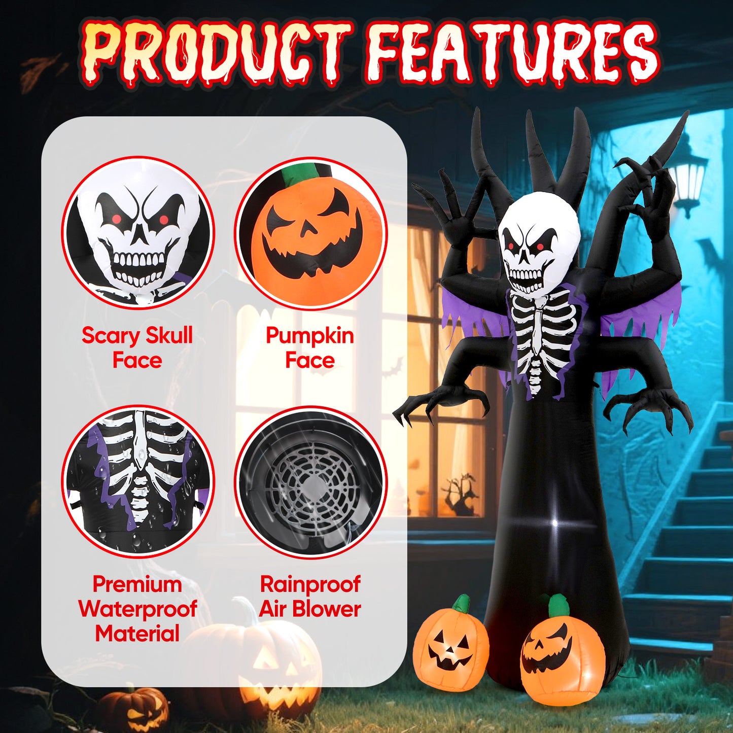 8FT Halloween Inflatables Skeleton Tree - Creepy Face Grim Reaper Blow Up Yard Decoration with 2 Pumpkin Faces with Build-in LED Lights for Home Halloween Party Garden Lawn Indoor Outdoor Decor
