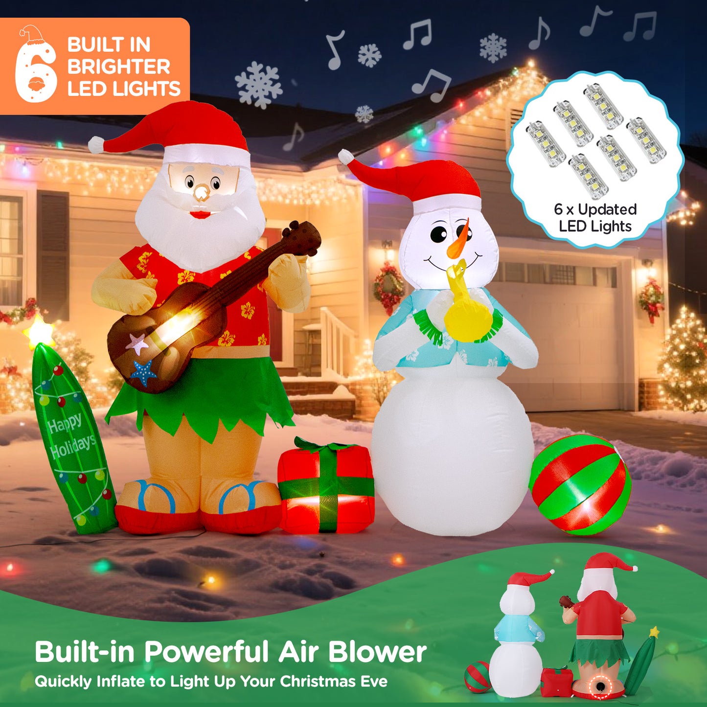 Toiyjofe 8.3FT Hawaiian Christmas Inflatable Decorations, Hula Santa Claus with a Guitar and Snowman with a Horn Tropical Xmas Blow Up Yard Decor with Built-in LED Light for Outdoor, Lawn, Garden, Beach, Party