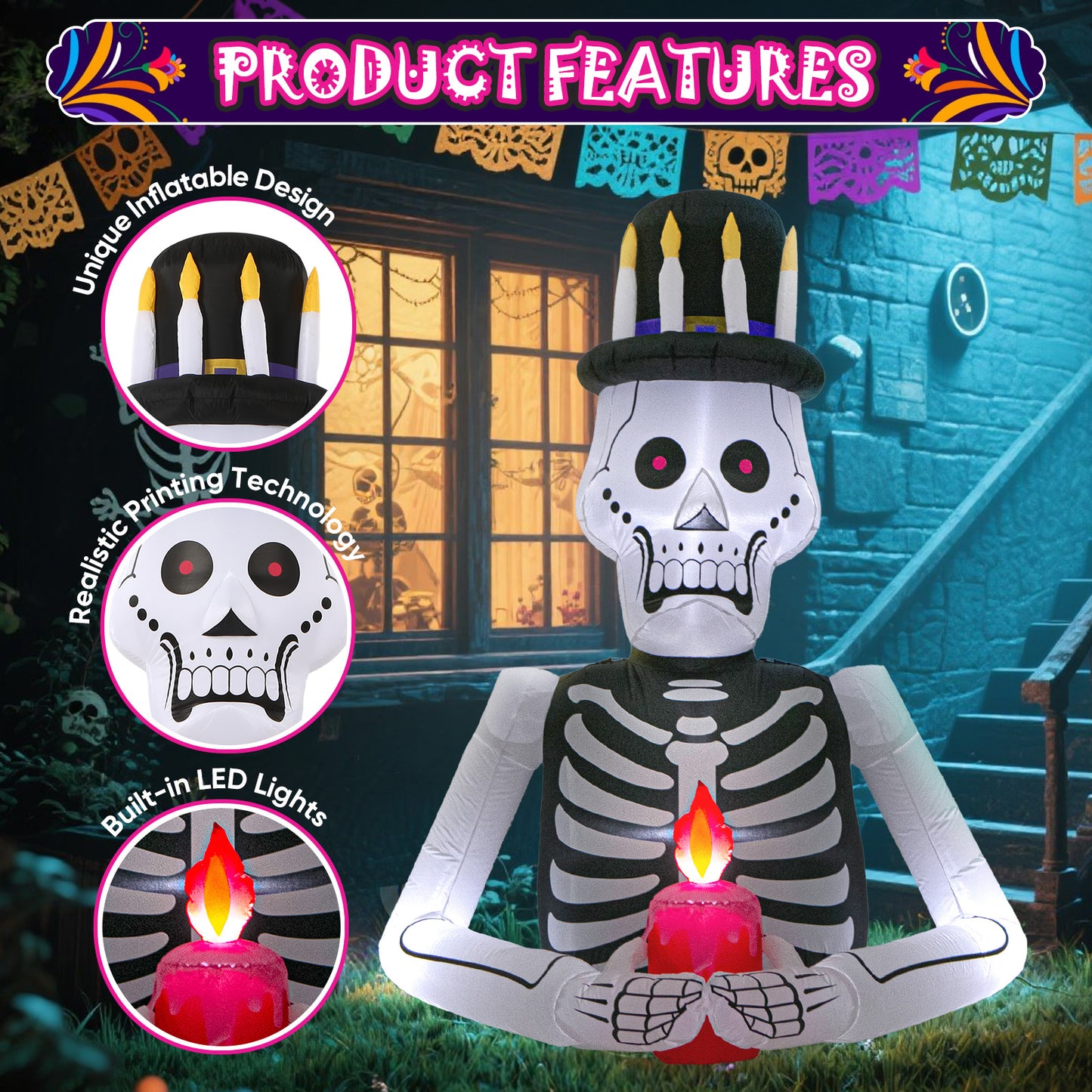 6FT Halloween Inflatables Skull Decoration: Day of The Dead Skeletons Blow Up Outdoor Decor, Día de Los Muertos Inflatable Built-in LEDs for Holiday Party, Garden, Lawn, Yard, Patio Décor
