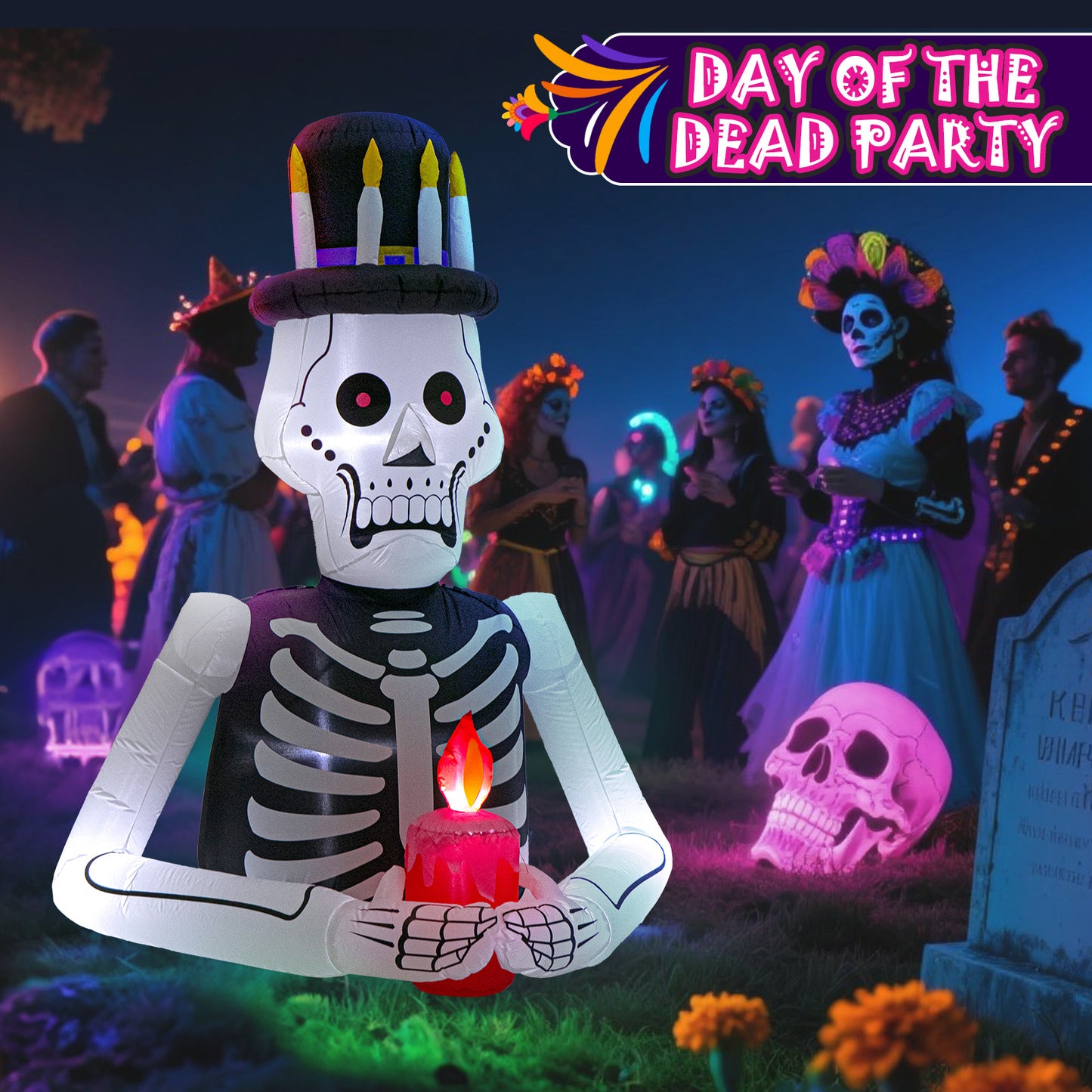 6FT Halloween Inflatables Skull Decoration: Day of The Dead Skeletons Blow Up Outdoor Decor, Día de Los Muertos Inflatable Built-in LEDs for Holiday Party, Garden, Lawn, Yard, Patio Décor