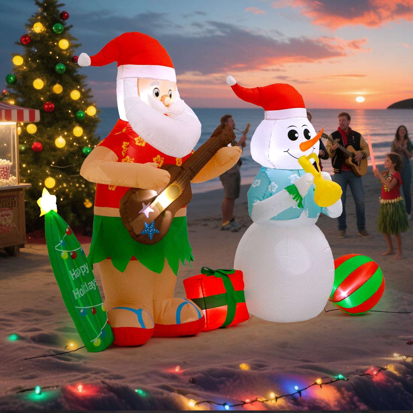 Toiyjofe 8.3FT Hawaiian Christmas Inflatable Decorations, Hula Santa Claus with a Guitar and Snowman with a Horn Tropical Xmas Blow Up Yard Decor with Built-in LED Light for Outdoor, Lawn, Garden, Beach, Party