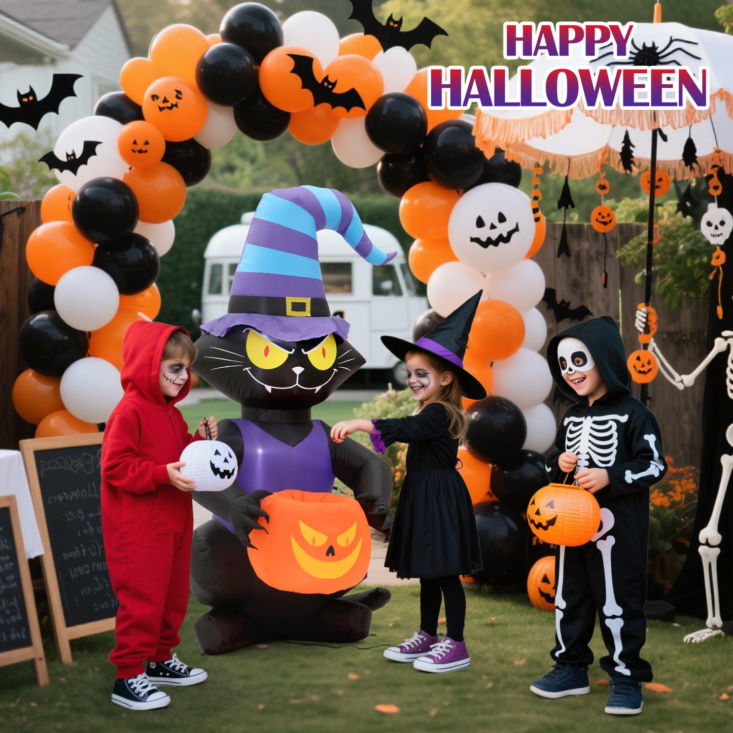 6FT Halloween Inflatables Cat Decoration - Blow Up Yard Lovely Black Cat with Witch Hat Holding Pumpkin Face Build-in LED Lights for Home Halloween Party Garden Lawn Indoor Outdoor Decor