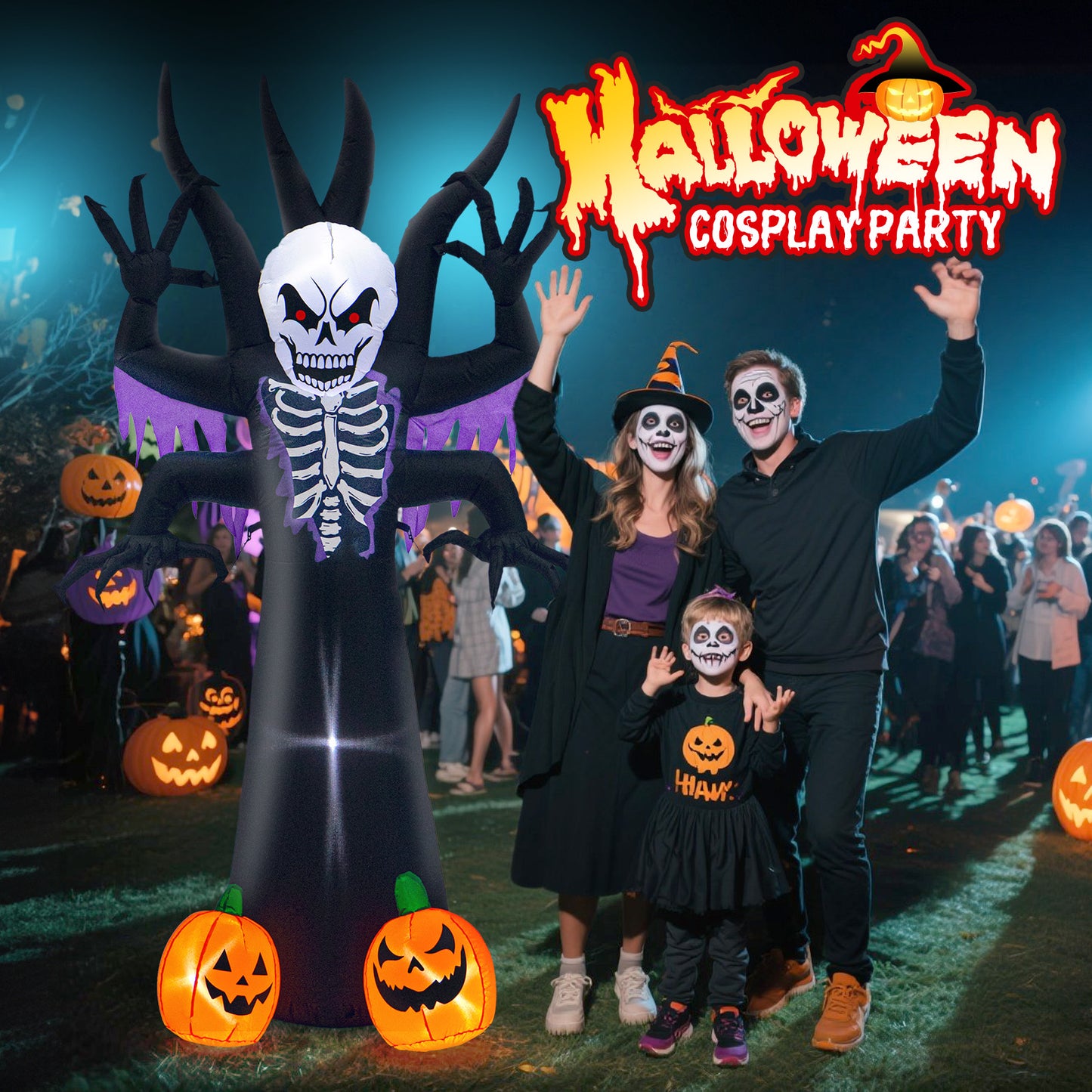 8FT Halloween Inflatables Skeleton Tree - Creepy Face Grim Reaper Blow Up Yard Decoration with 2 Pumpkin Faces with Build-in LED Lights for Home Halloween Party Garden Lawn Indoor Outdoor Decor