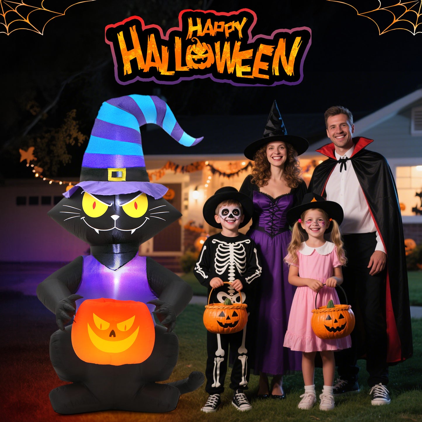 6FT Halloween Inflatables Cat Decoration - Blow Up Yard Lovely Black Cat with Witch Hat Holding Pumpkin Face Build-in LED Lights for Home Halloween Party Garden Lawn Indoor Outdoor Decor