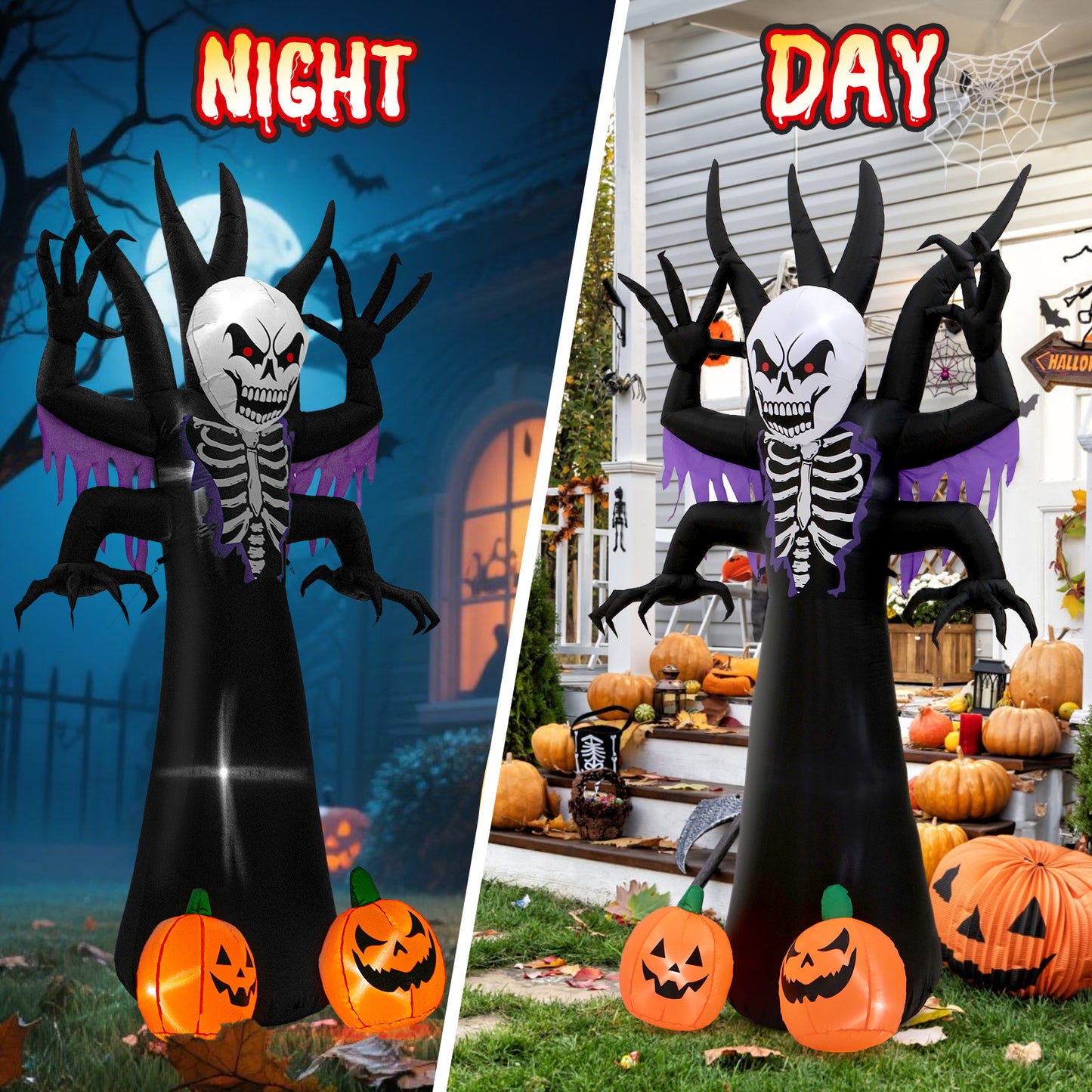 8FT Halloween Inflatables Skeleton Tree - Creepy Face Grim Reaper Blow Up Yard Decoration with 2 Pumpkin Faces with Build-in LED Lights for Home Halloween Party Garden Lawn Indoor Outdoor Decor