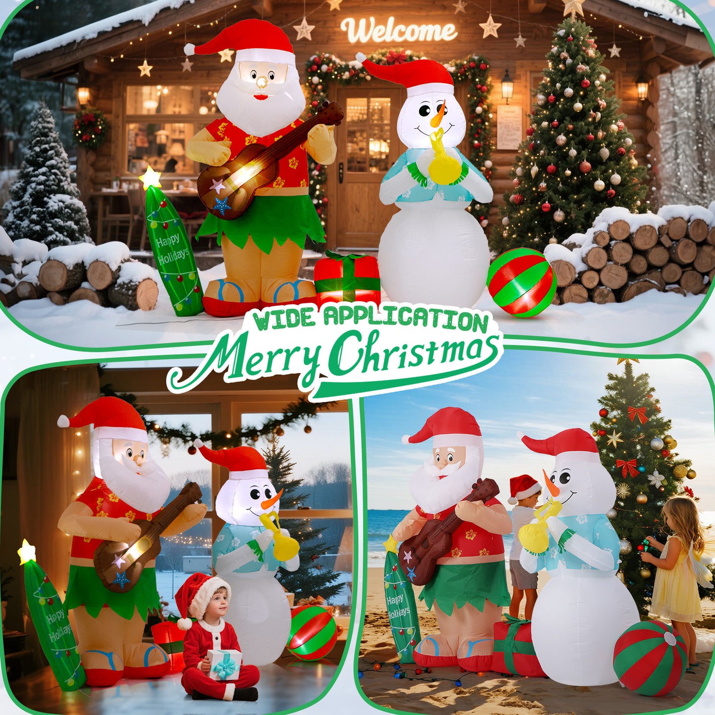Toiyjofe 8.3FT Hawaiian Christmas Inflatable Decorations, Hula Santa Claus with a Guitar and Snowman with a Horn Tropical Xmas Blow Up Yard Decor with Built-in LED Light for Outdoor, Lawn, Garden, Beach, Party