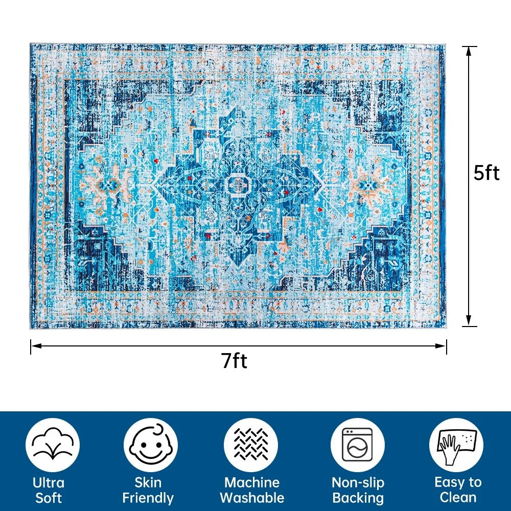 Blue Vintage Persian Washable Area Rug