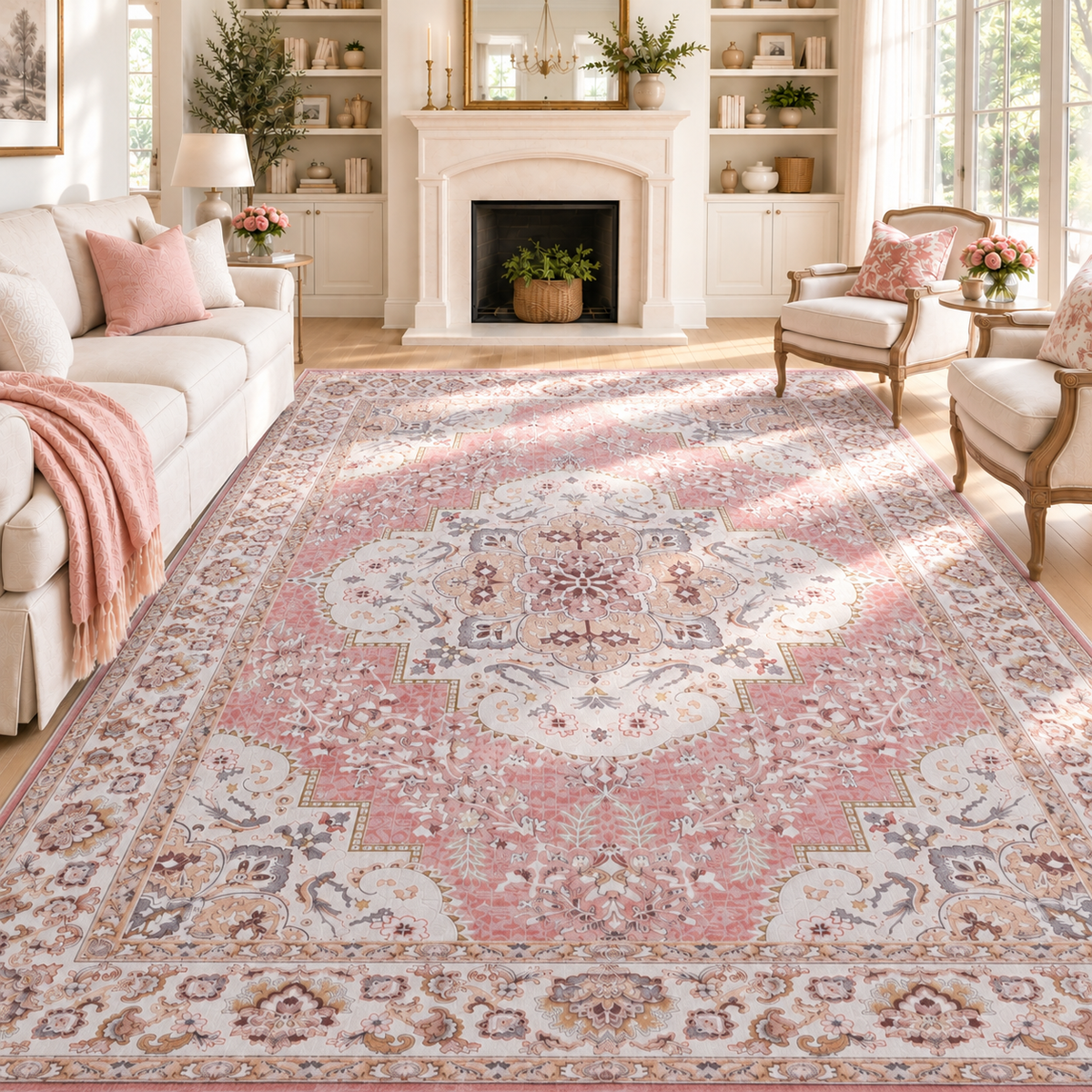 Rose Pink Vintage Persian Floral Washable Area Rug