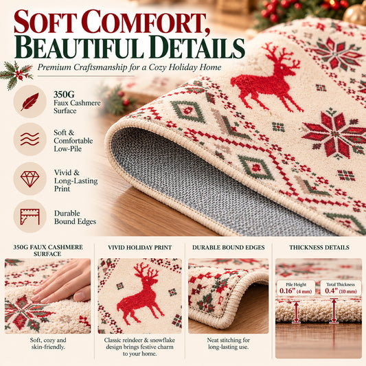 Beige Christmas Reindeer & Snowflake Washable Area Rug