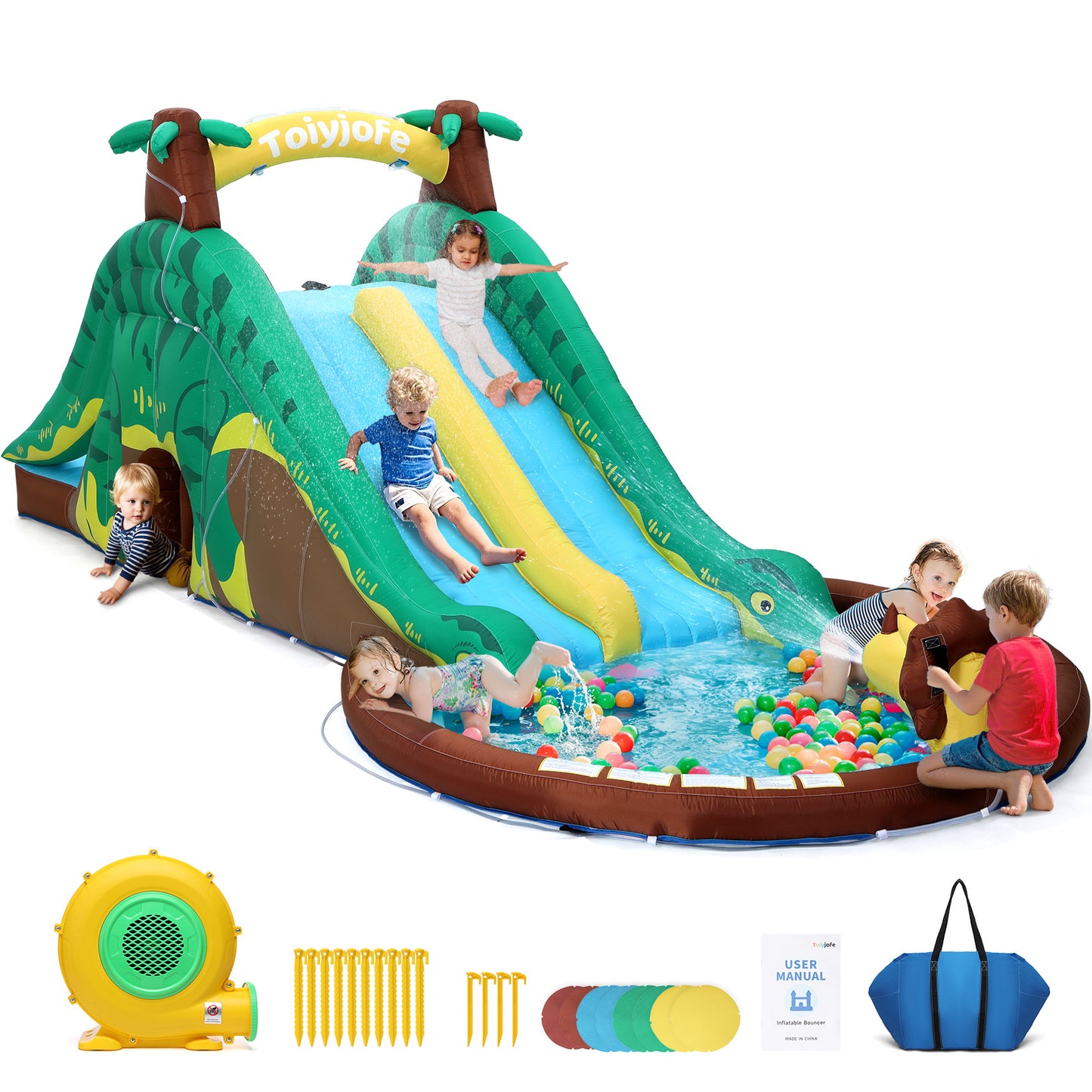 Toiyjofe Dinosaur Bounce House Water Slide, Bouncy House Castle with Splash Water Pool 480W Blower with GFCI Dinasour Water Bouncing House with Dual Slide Indoor/Outdoor Backyard Play for Kids 3-10