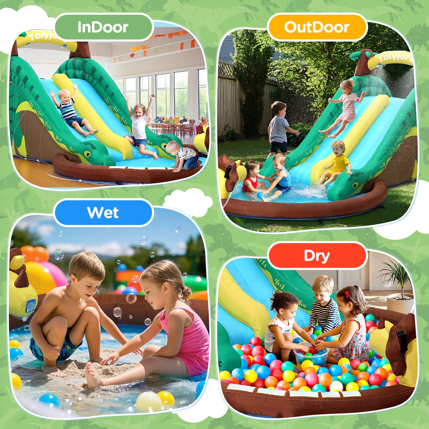 Toiyjofe Dinosaur Bounce House Water Slide, Bouncy House Castle with Splash Water Pool 480W Blower with GFCI Dinasour Water Bouncing House with Dual Slide Indoor/Outdoor Backyard Play for Kids 3-10