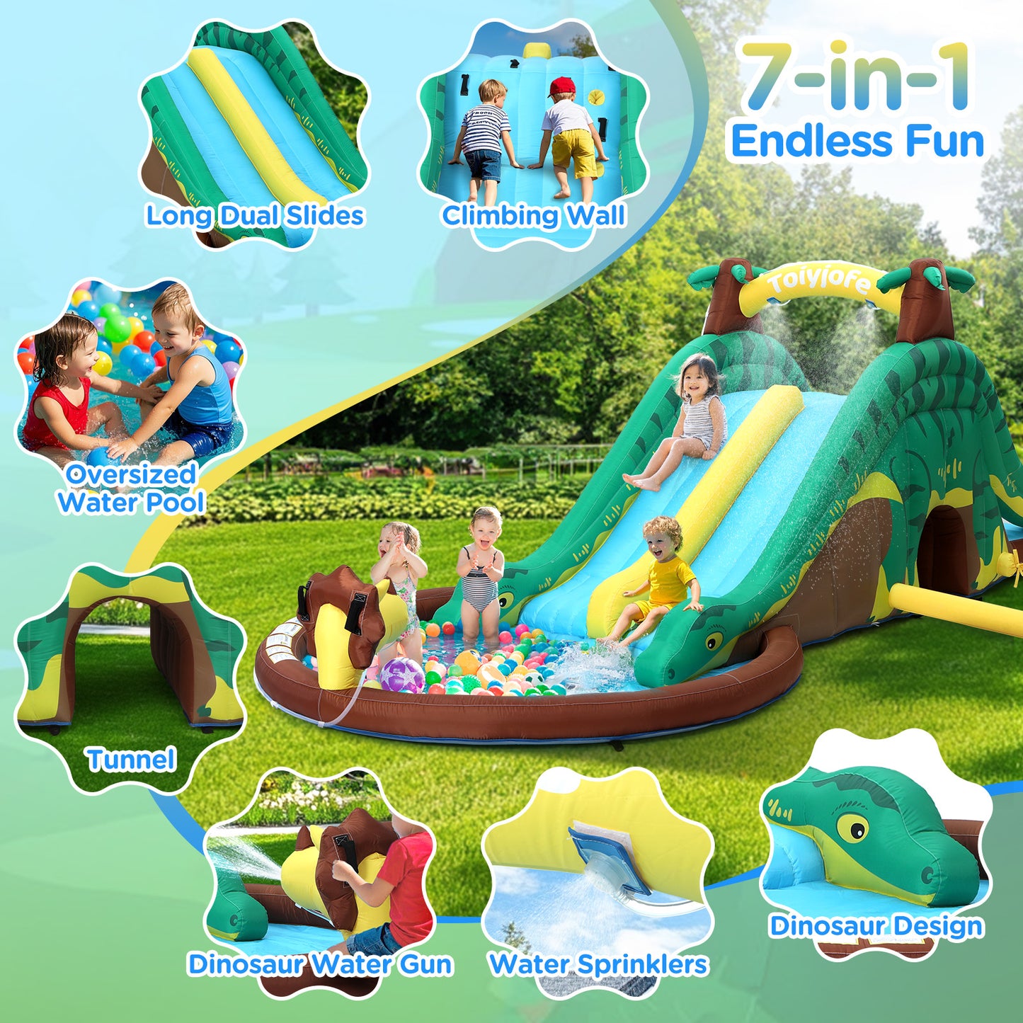 Toiyjofe Dinosaur Bounce House Water Slide, Bouncy House Castle with Splash Water Pool 480W Blower with GFCI Dinasour Water Bouncing House with Dual Slide Indoor/Outdoor Backyard Play for Kids 3-10
