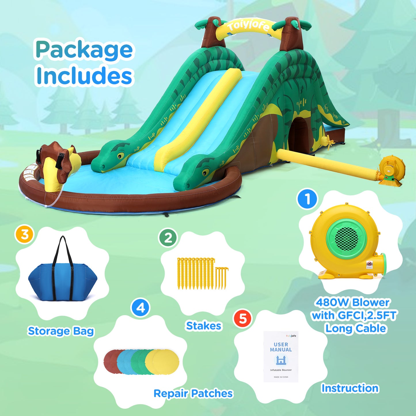 Toiyjofe Dinosaur Bounce House Water Slide, Bouncy House Castle with Splash Water Pool 480W Blower with GFCI Dinasour Water Bouncing House with Dual Slide Indoor/Outdoor Backyard Play for Kids 3-10