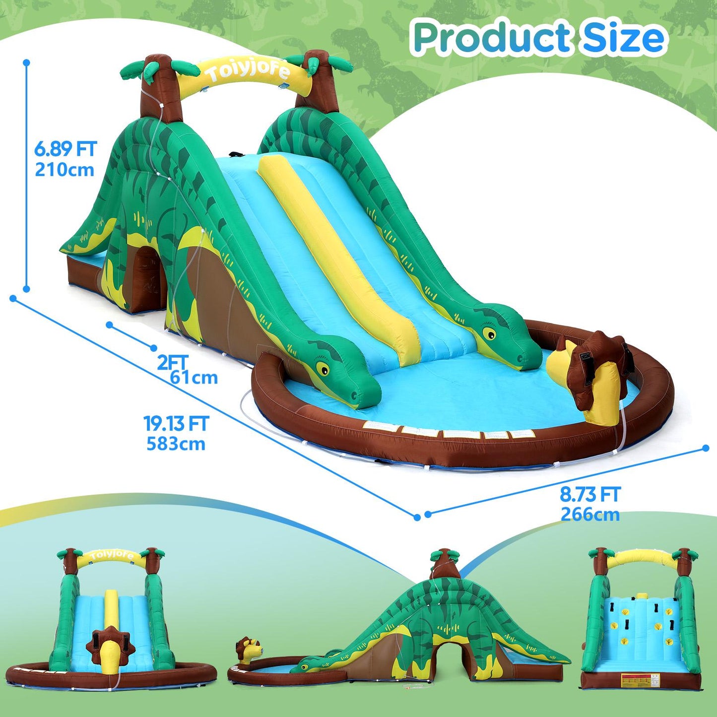 Toiyjofe Dinosaur Bounce House Water Slide, Bouncy House Castle with Splash Water Pool 480W Blower with GFCI Dinasour Water Bouncing House with Dual Slide Indoor/Outdoor Backyard Play for Kids 3-10