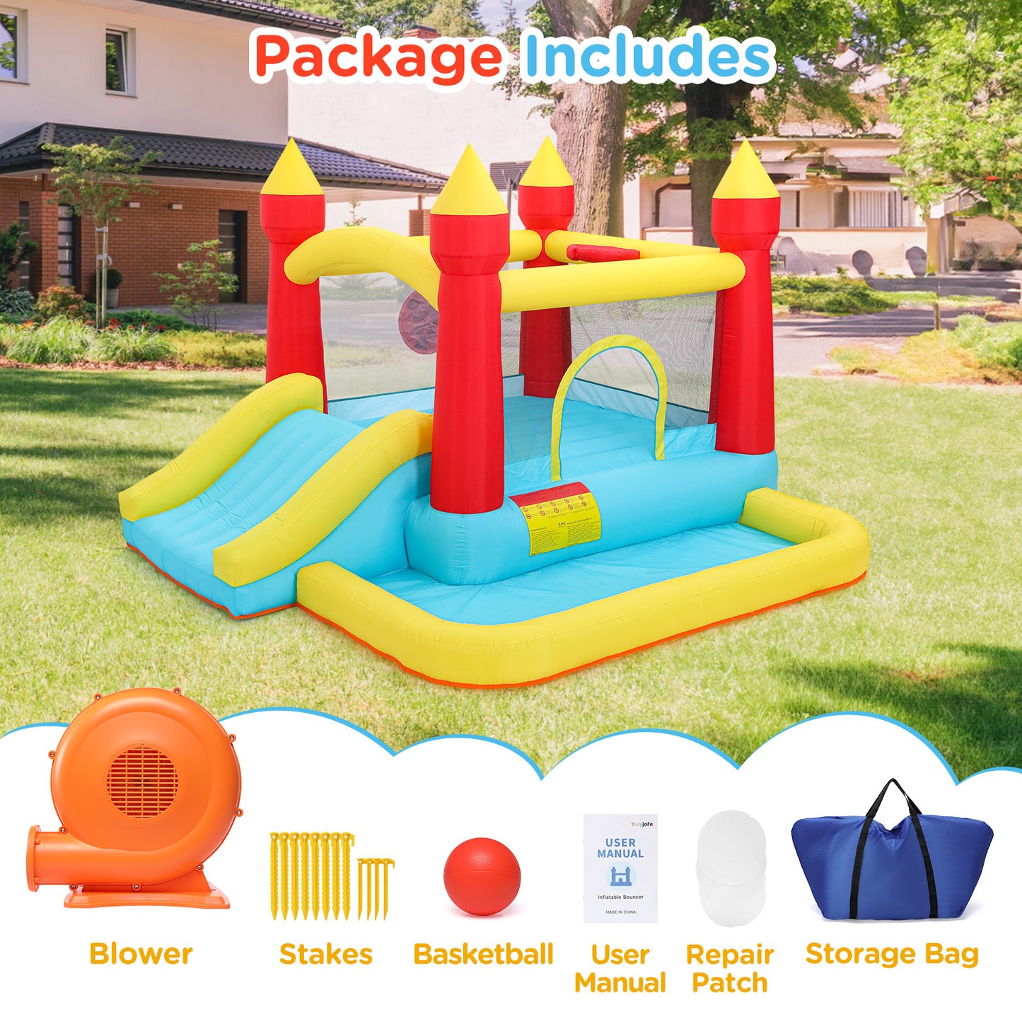 Toiyjofe Bounce House with Blower & Slide, (10FT X 10FT X 7FT) Kids Bouncy Castle for Indoor/Outdoor Play, Birthday Parties, Backyard Fun Inflatable Bounce House for Kids 3-6, Jump House for Toddlers
