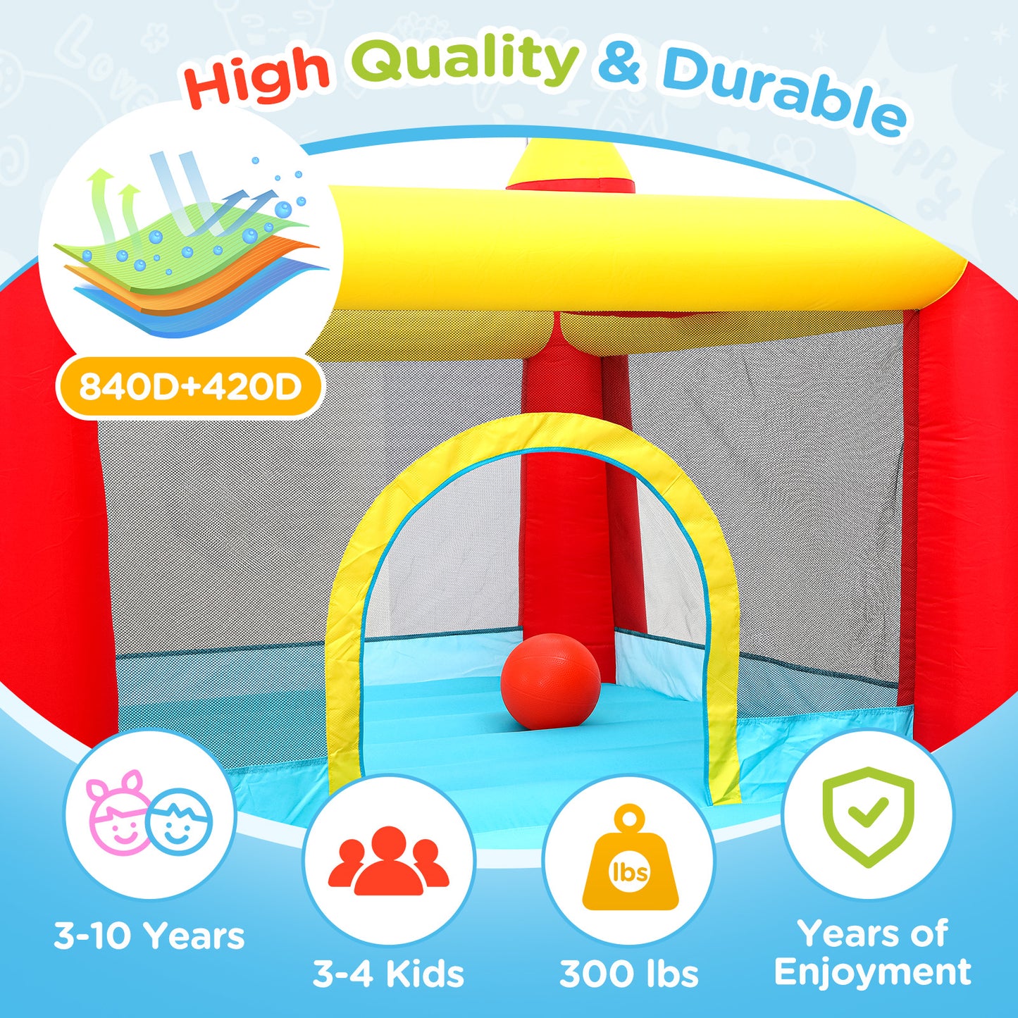 Toiyjofe Bounce House with Blower & Slide, (10FT X 10FT X 7FT) Kids Bouncy Castle for Indoor/Outdoor Play, Birthday Parties, Backyard Fun Inflatable Bounce House for Kids 3-6, Jump House for Toddlers