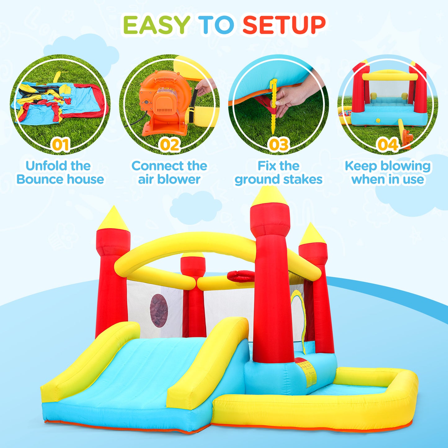 Toiyjofe Bounce House with Blower & Slide, (10FT X 10FT X 7FT) Kids Bouncy Castle for Indoor/Outdoor Play, Birthday Parties, Backyard Fun Inflatable Bounce House for Kids 3-6, Jump House for Toddlers