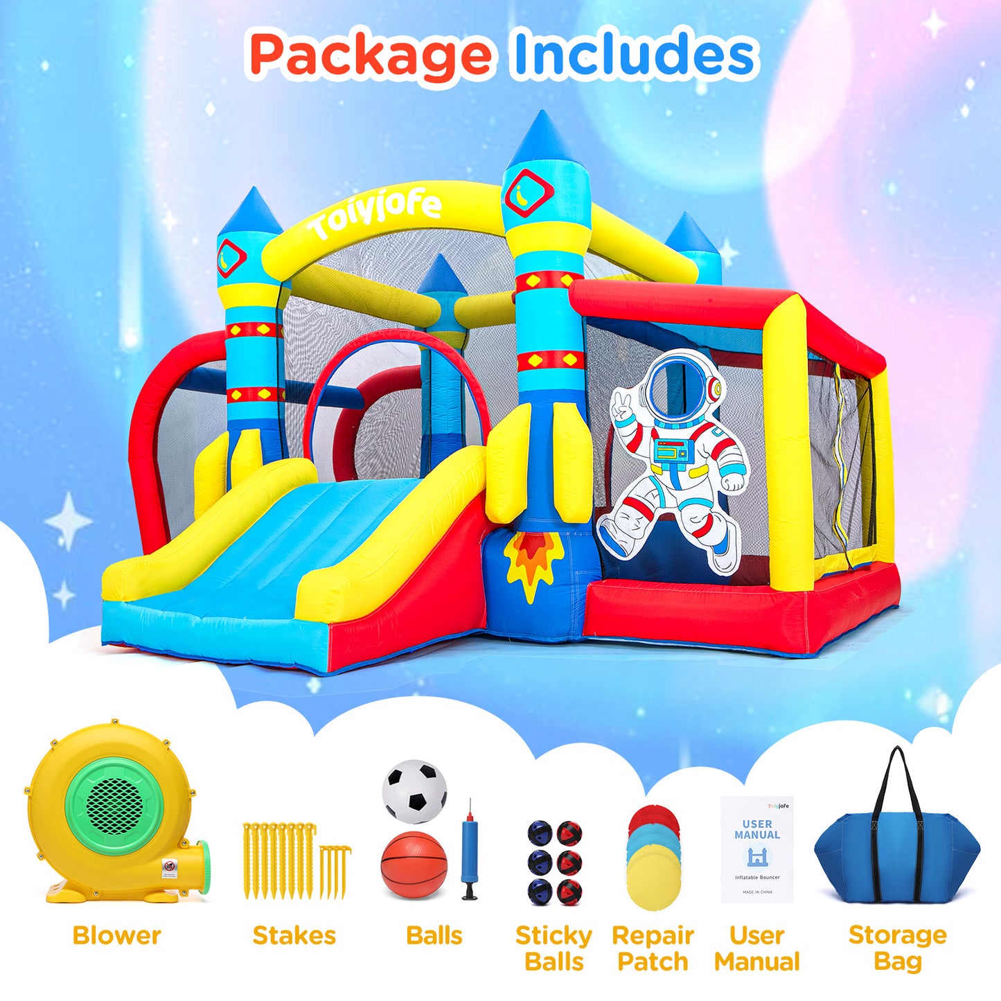 Toiyjofe Space Adventure Bounce House, 7-in-1 Rocket Astronaut Theme Inflatable Castle with Slide, Air Blower, Ball Pit, Indoor Outdoor Bouncy House Birthday Party for Kids 3-6Y (11.5FT X 10FT X 7FT)