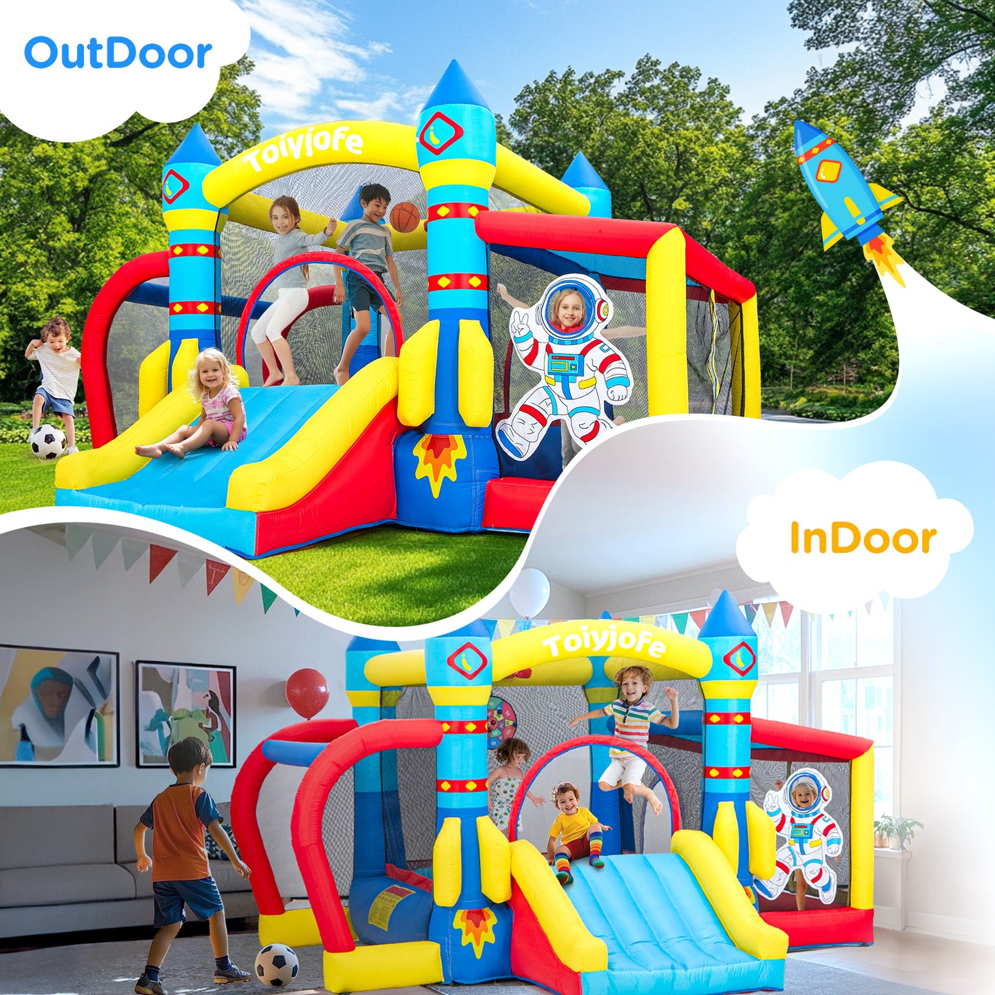 Toiyjofe Space Adventure Bounce House, 7-in-1 Rocket Astronaut Theme Inflatable Castle with Slide, Air Blower, Ball Pit, Indoor Outdoor Bouncy House Birthday Party for Kids 3-6Y (11.5FT X 10FT X 7FT)