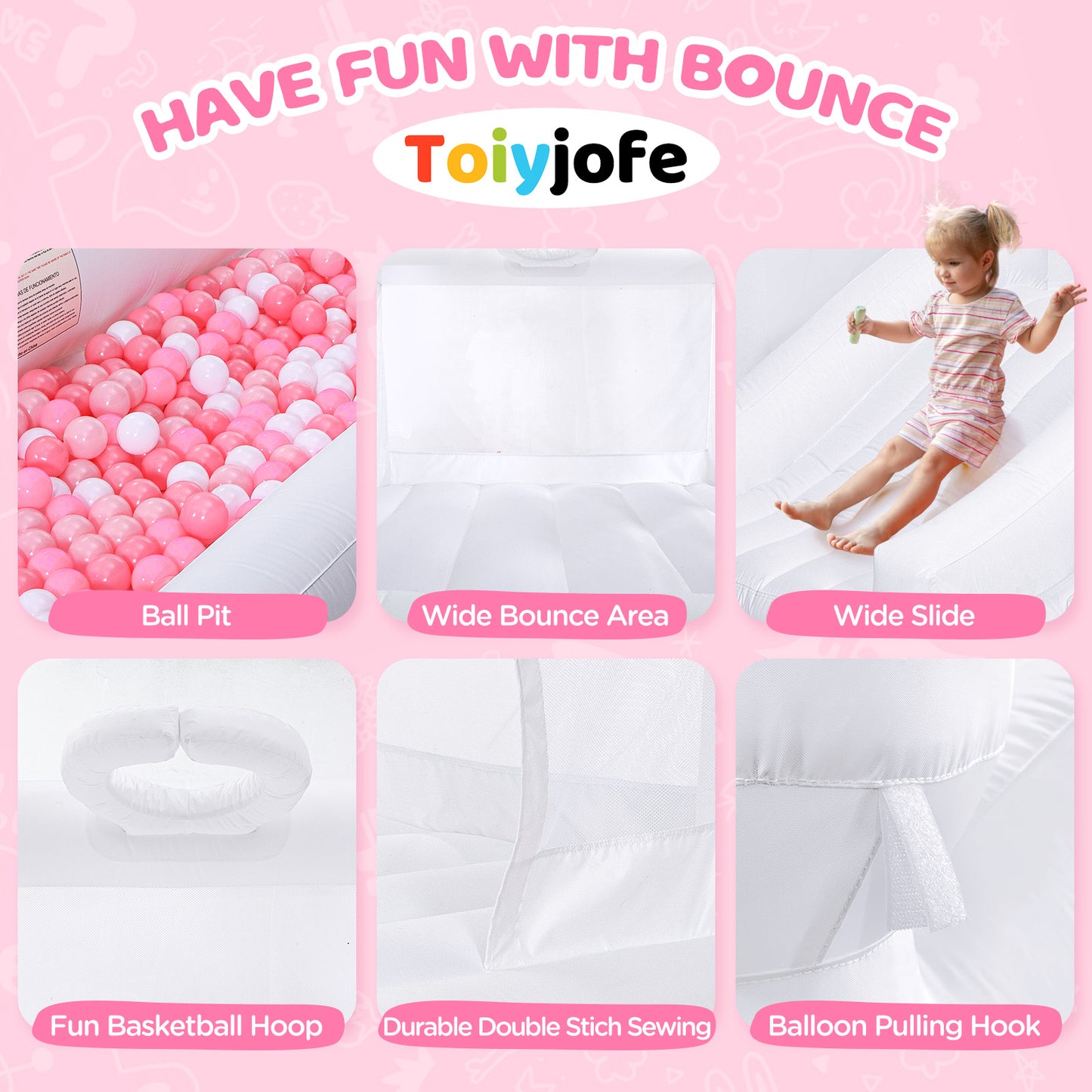 Toiyjofe White Bounce House, Inflatable Bouncer Castle with Slide, Air Blower, Ball Pit, Bouncy Castle for Indoor Outdoor Birthday Party Wedding Decor for Kids 3-6 Years Toddlers(10FT X 10FT X 7FT)