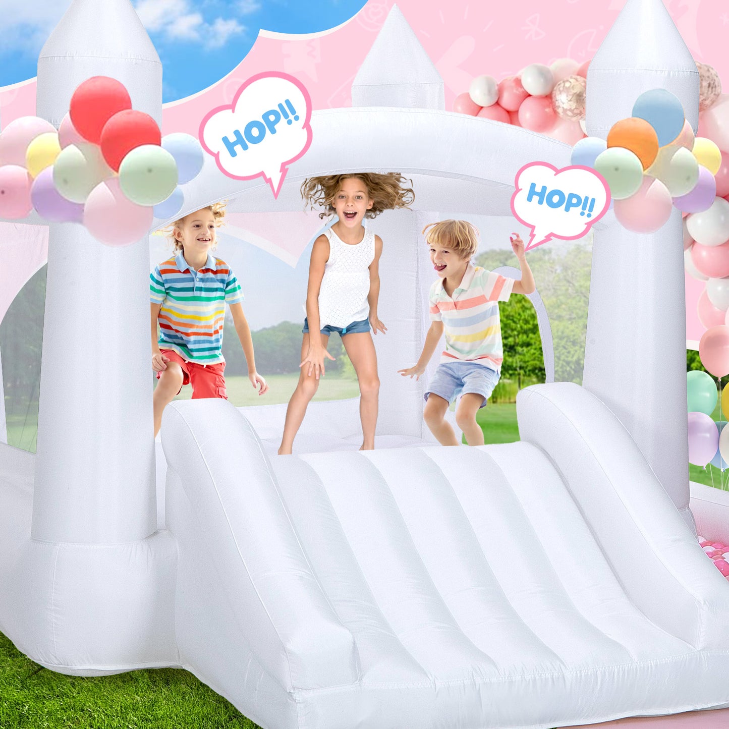 Toiyjofe White Bounce House, Inflatable Bouncer Castle with Slide, Air Blower, Ball Pit, Bouncy Castle for Indoor Outdoor Birthday Party Wedding Decor for Kids 3-6 Years Toddlers(10FT X 10FT X 7FT)
