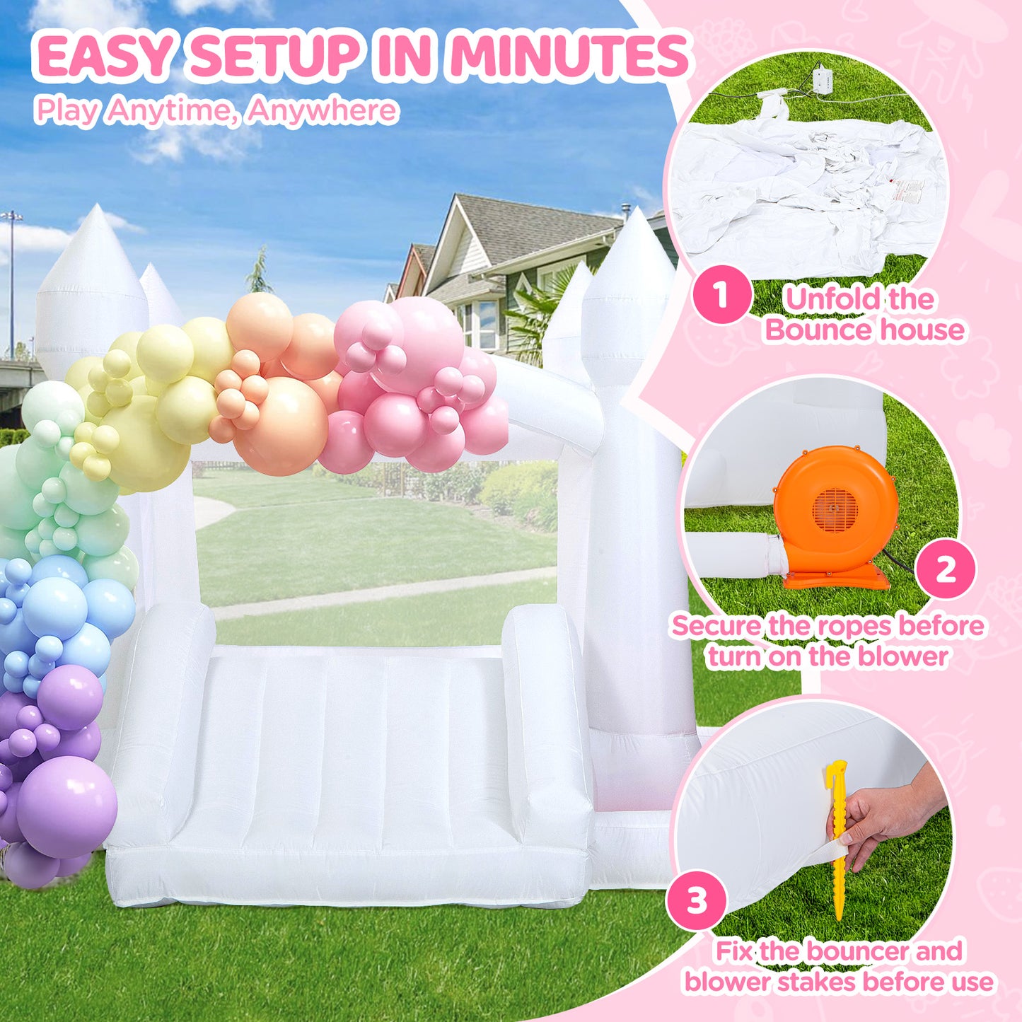 Toiyjofe White Bounce House, Inflatable Bouncer Castle with Slide, Air Blower, Ball Pit, Bouncy Castle for Indoor Outdoor Birthday Party Wedding Decor for Kids 3-6 Years Toddlers(10FT X 10FT X 7FT)