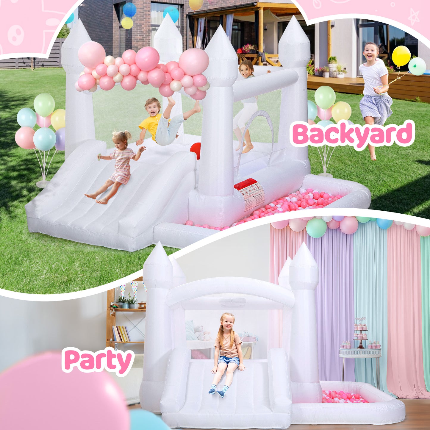 Toiyjofe White Bounce House, Inflatable Bouncer Castle with Slide, Air Blower, Ball Pit, Bouncy Castle for Indoor Outdoor Birthday Party Wedding Decor for Kids 3-6 Years Toddlers(10FT X 10FT X 7FT)