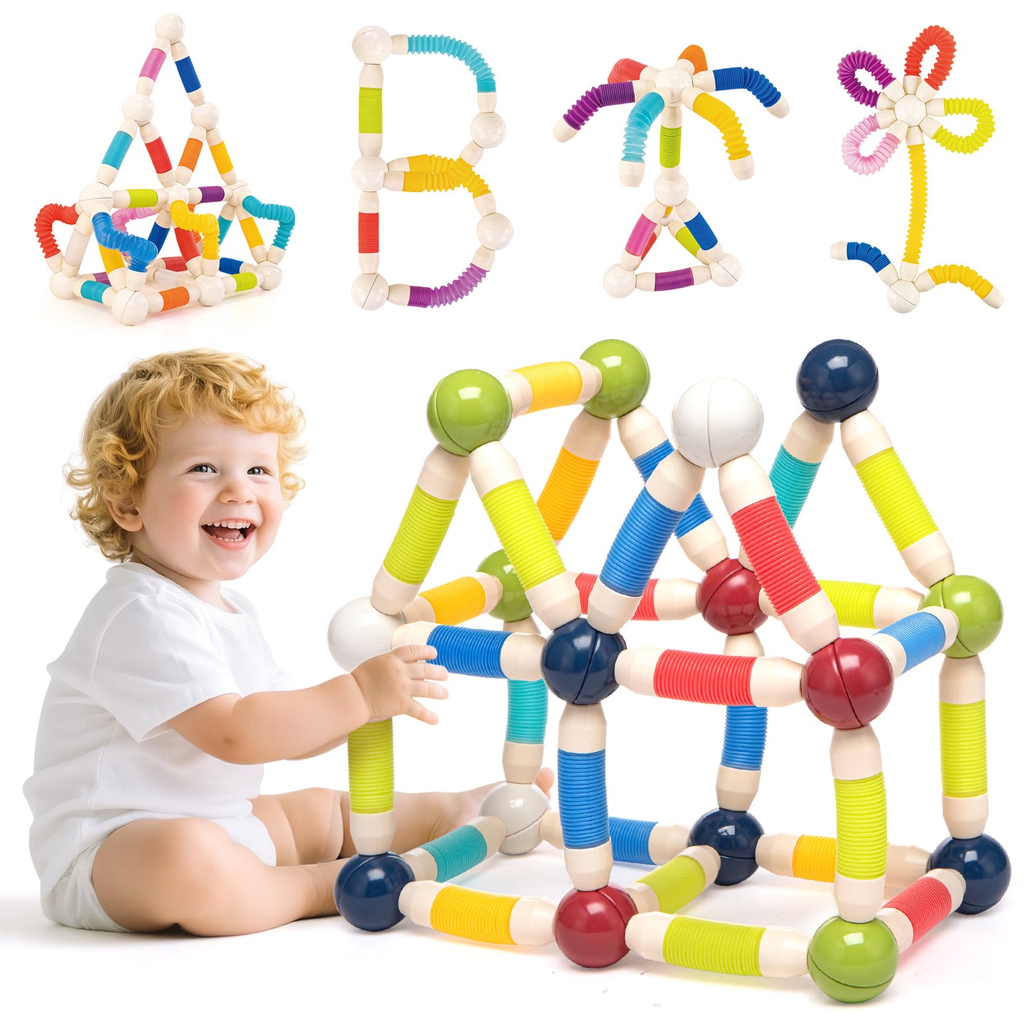 Toiyjofe Flexible Magnetic Building Blocks Set 48pcs for Kids Ages 3+, STEM Construction Toy with Stretchable Tubes & Magnetic Balls, Educational Gift with Storage Bag