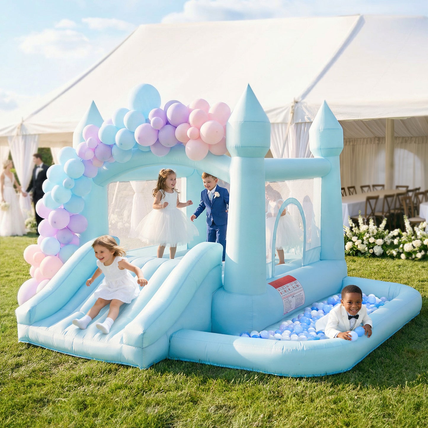Pastel Blue Castle Bounce House with Slide & Ball Pit