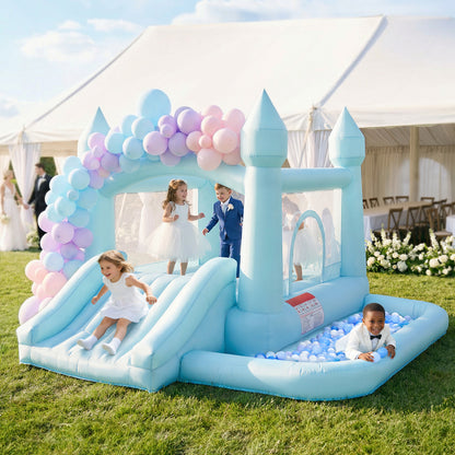 Pastel Blue Castle Bounce House with Slide & Ball Pit