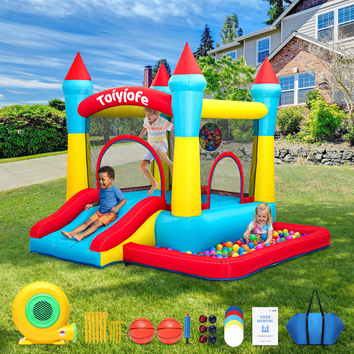 9FT 5-in-1 Bounce House with Slide & Ball Pit