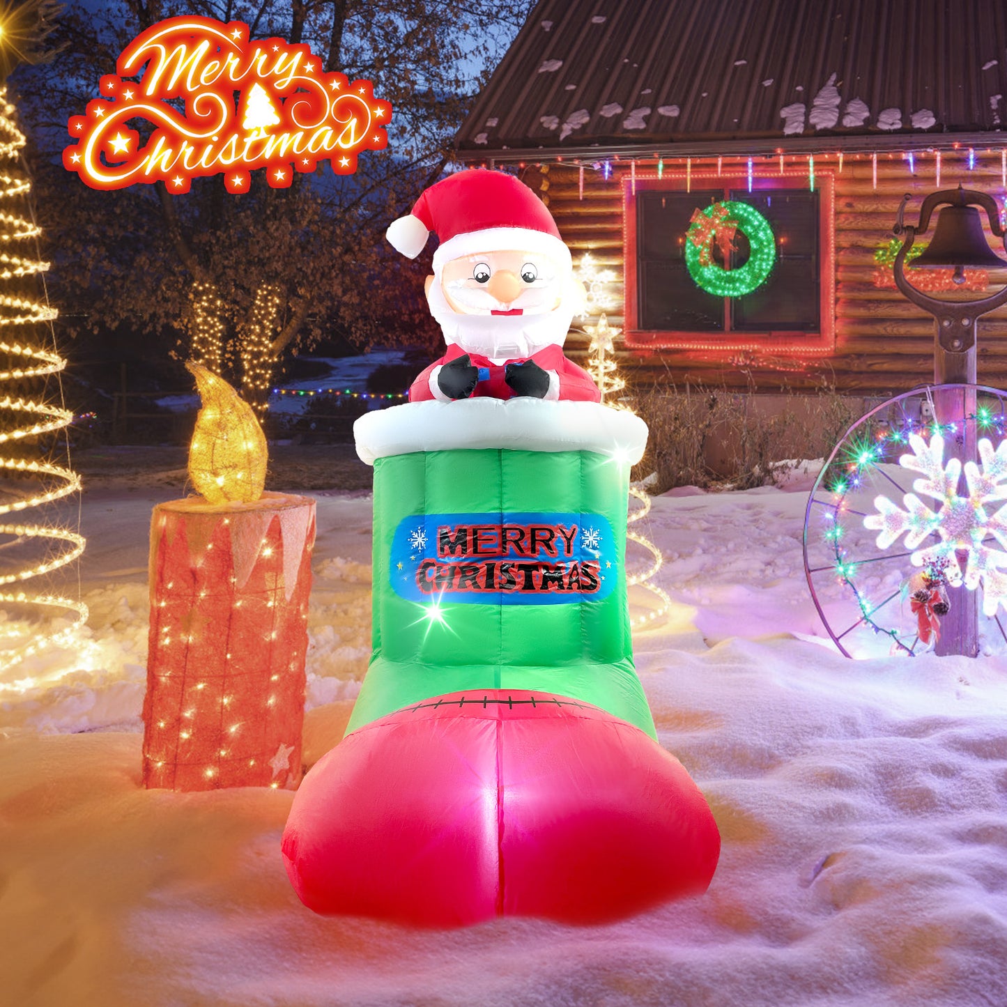 5.5FT Christmas Inflatables Outdoor Decorations Blow-up Santa Claus Automatic Lifting in Christmas Stocking with LED Lights for Garden Lawn Yard Decorations