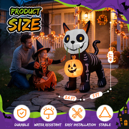 4FT Skeleton Cat with Pumpkin Halloween Inflatable