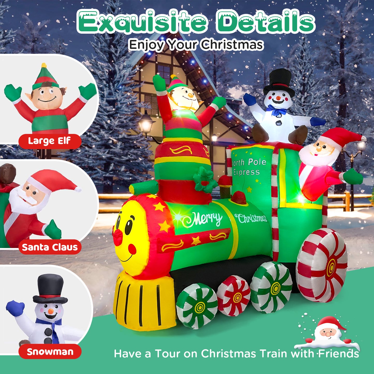 6.2FT Christmas Inflatables Train & Santa Claus Outdoor Yard Decortaions Blow-up Christmas Decorations with LED Lights for Garden Lawn Yard