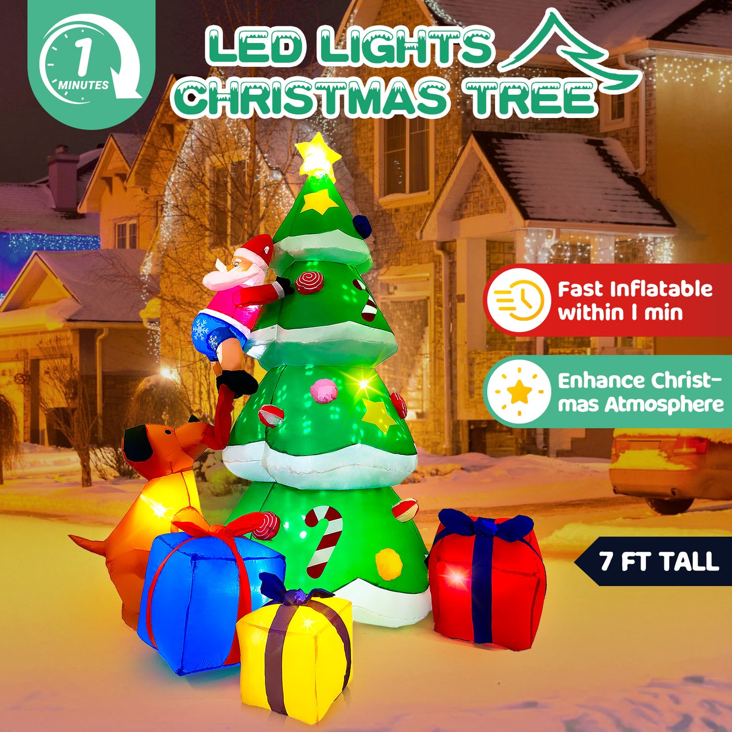 7FT Christmas inflatables Tree with Rotated Snowflake Light and LEDs, Blow Up Christmas Decorations for Indoor Outdoor Yard Decor