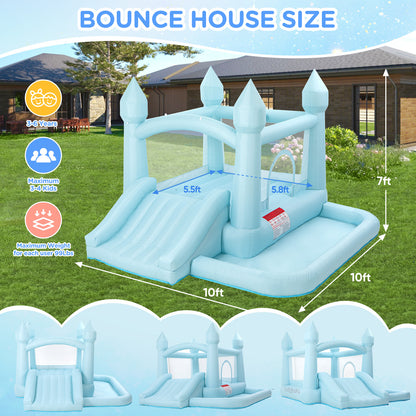 Pastel Blue Castle Bounce House with Slide & Ball Pit