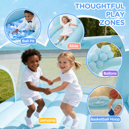 Pastel Blue Castle Bounce House with Slide & Ball Pit